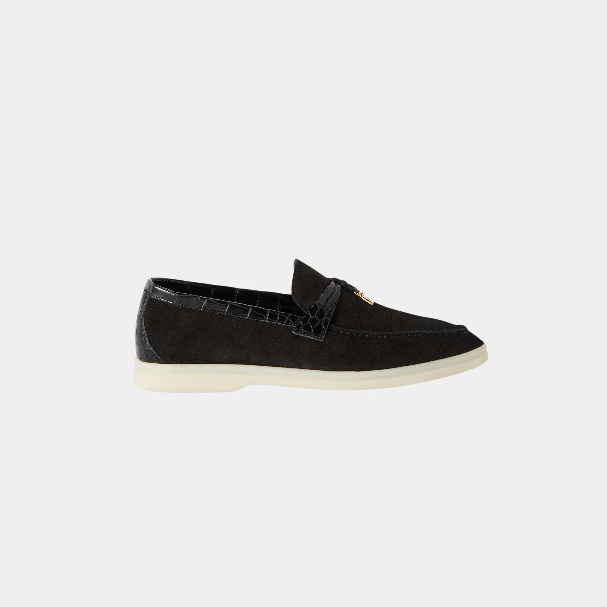 Loro Piana Summer Charms Walk Loafers Suede with Alligator Skin, Black, Side