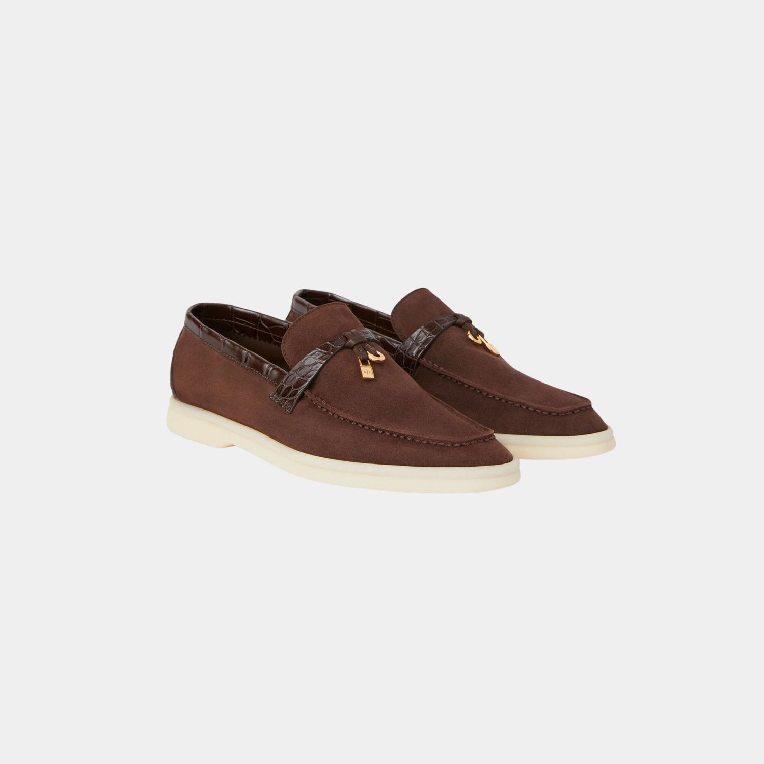 Loro Piana Summer Charms Walk Loafers Suede with Alligator Skin, Chocolate, Front