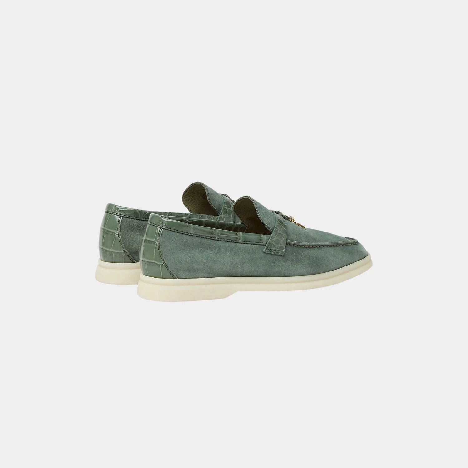 Loro Piana Summer Charms Walk Loafers Suede with Alligator Skin, Green Lagoon, Back