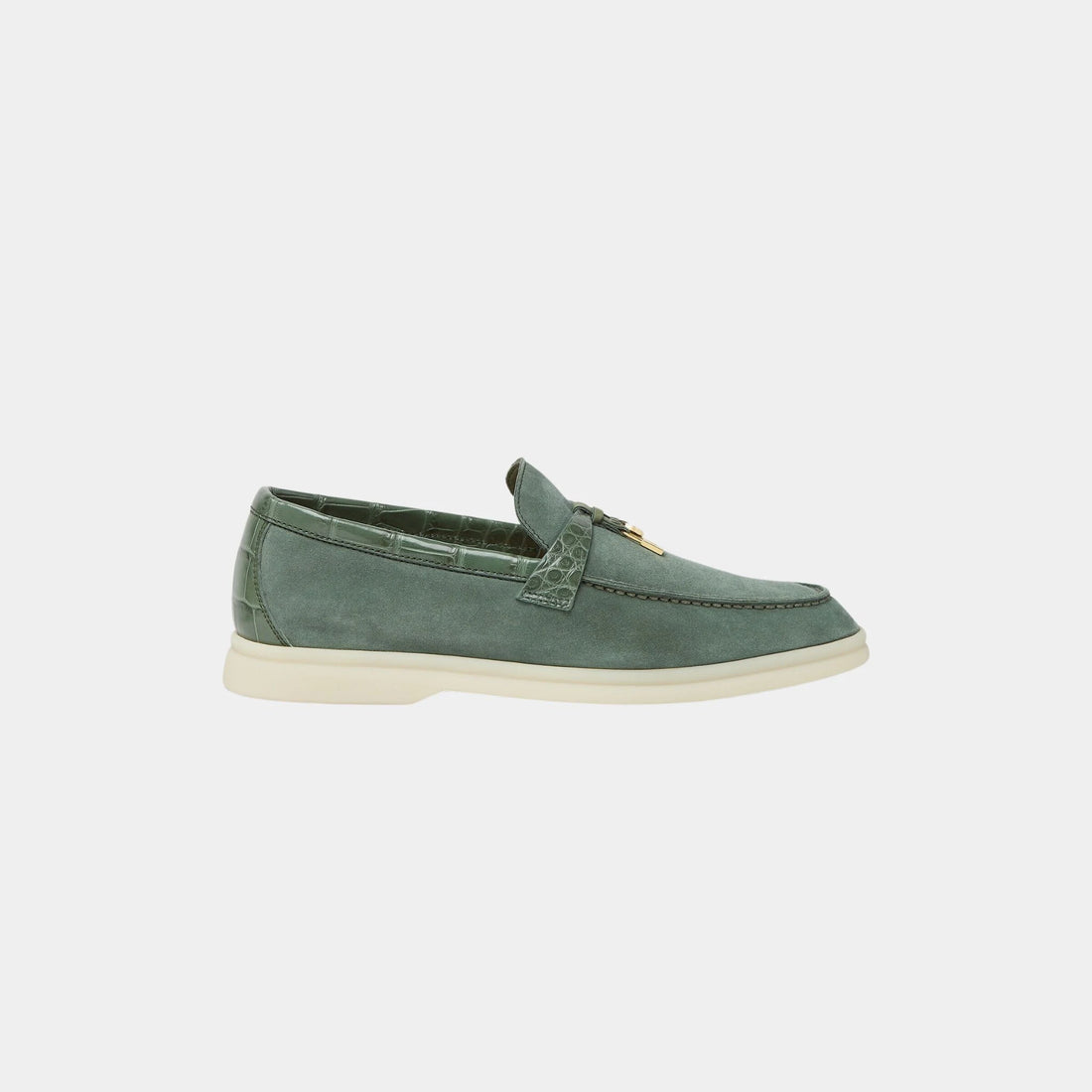Loro Piana Summer Charms Walk Loafers Suede with Alligator Skin, Green Lagoon, Side