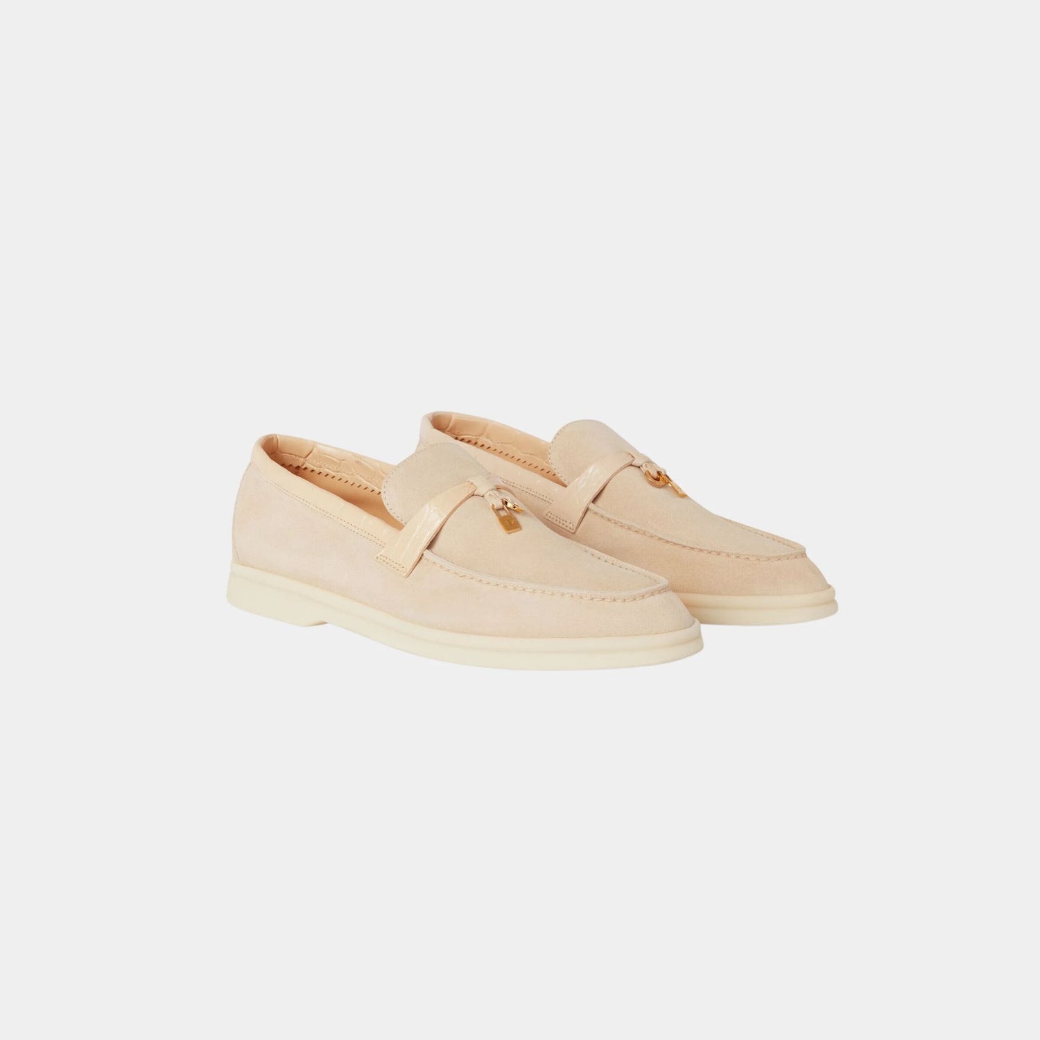 Loro Piana Summer Charms Walk Loafers Suede with Alligator Skin, Light Mastic, Front
