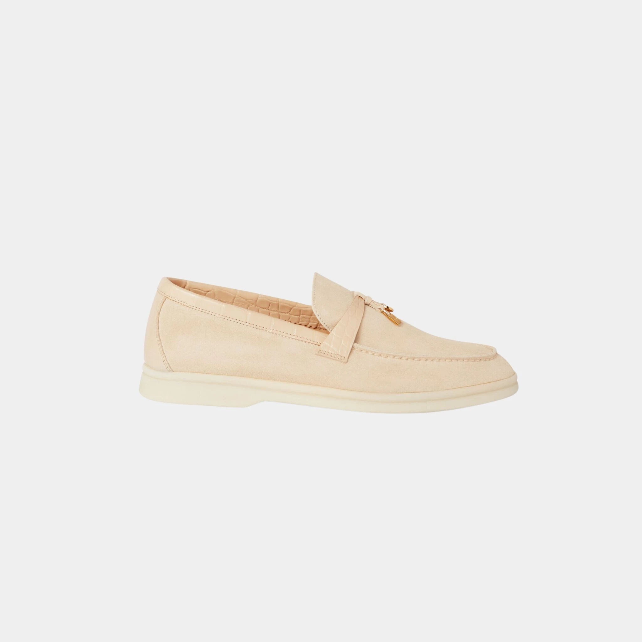 Loro Piana Summer Charms Walk Loafers Suede with Alligator Skin, Light Mastic, Side