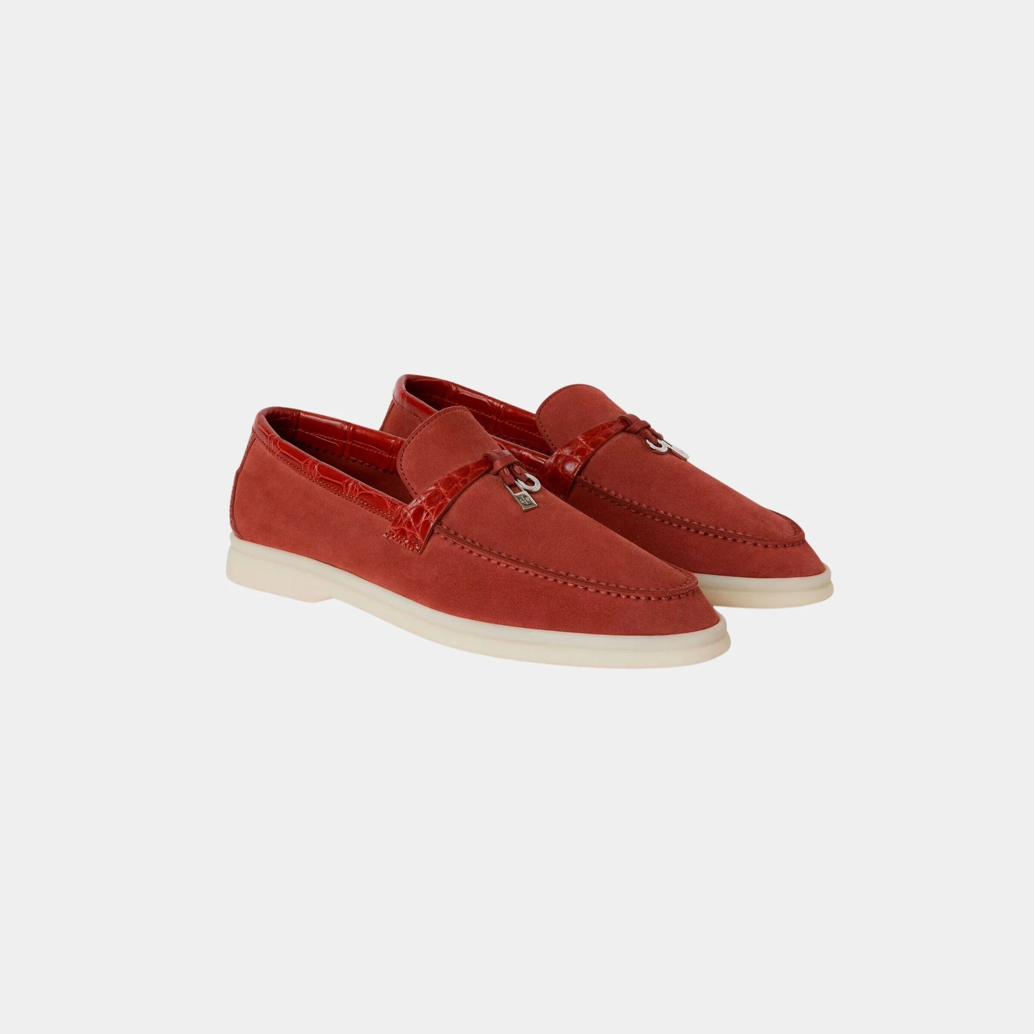 Loro Piana Summer Charms Walk Loafers Suede with Alligator Skin, Raw Sienna, Front