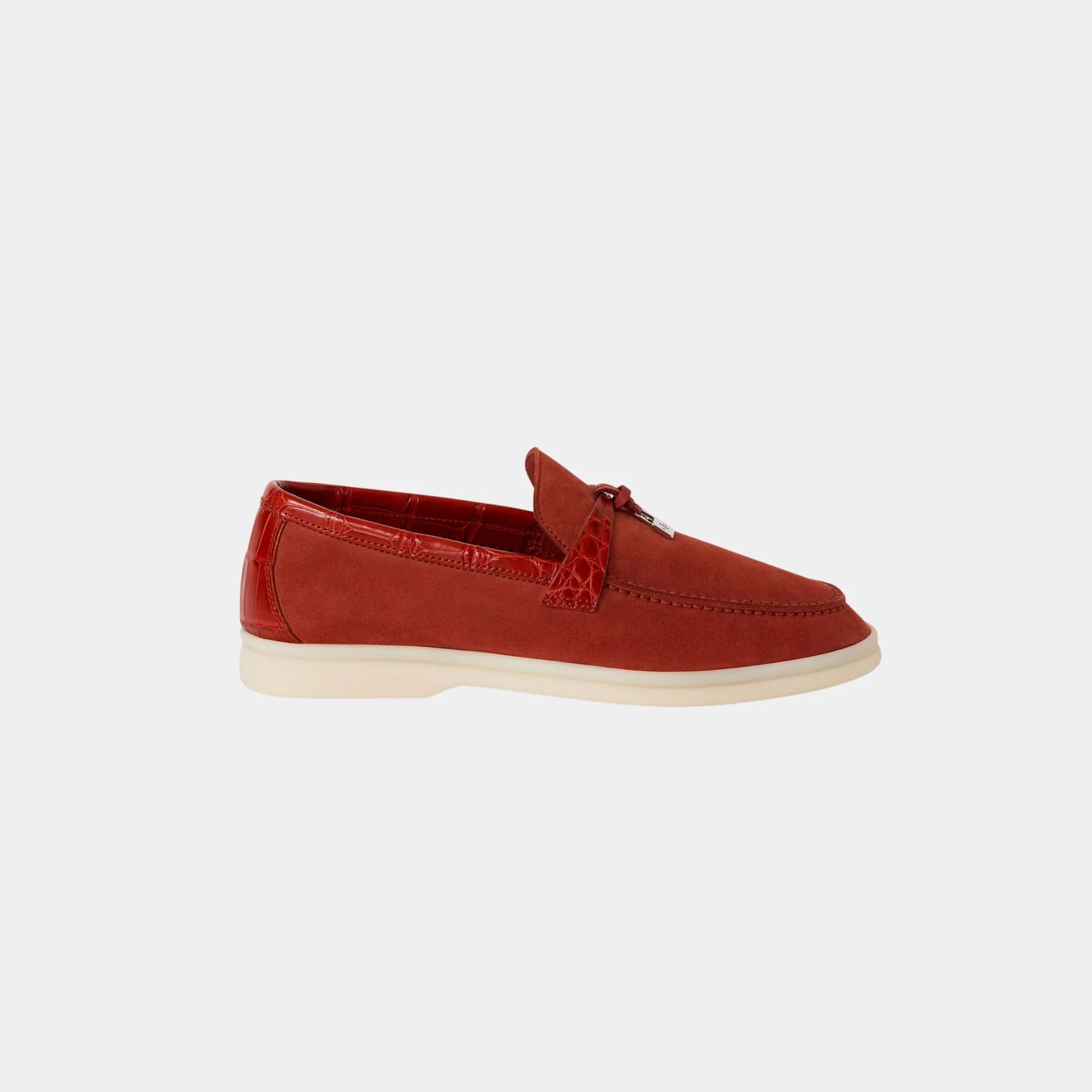 Loro Piana Summer Charms Walk Loafers Suede with Alligator Skin, Raw Sienna, Side