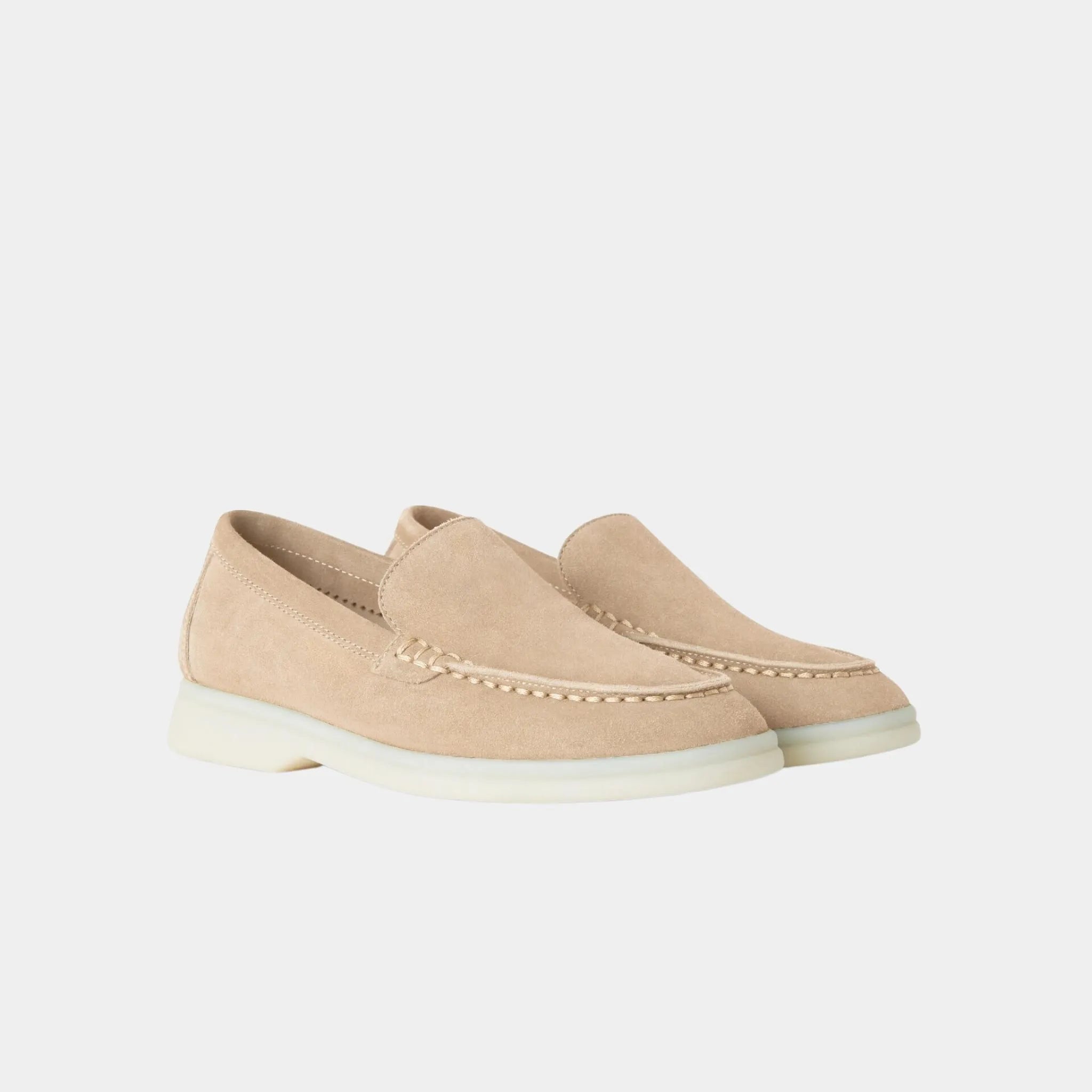 Loro Piana Summer Walk Kids Suede Loafers, Natural Light Camel, Front