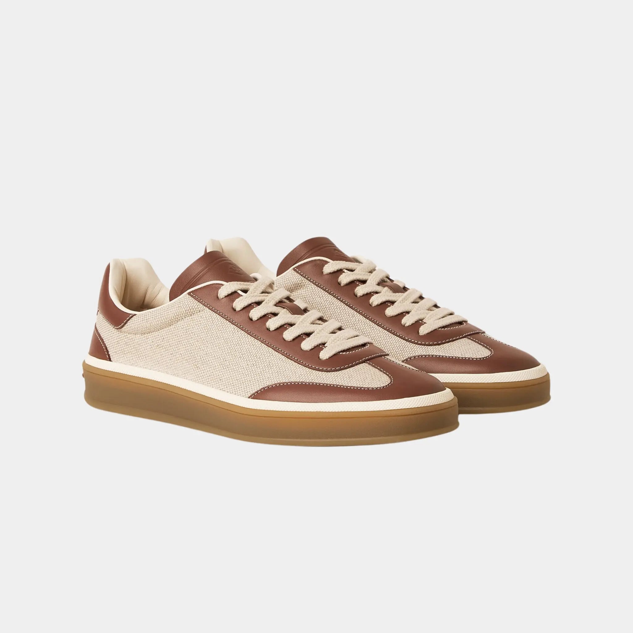 Loro Piana Tennis Walk Sneaker in Cotton &amp; Linen, Natural Caramel Sugar, Front