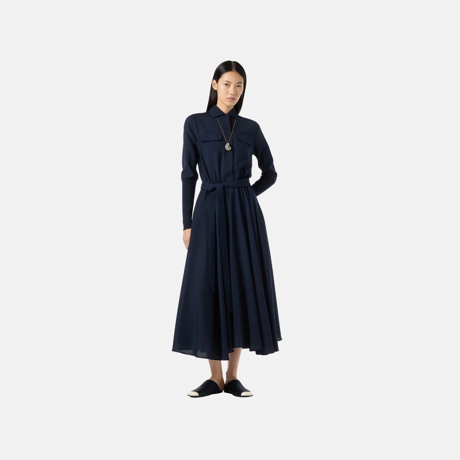 Loro Piana Verlaine Dress in Wool, Ink Bottle, Model Front