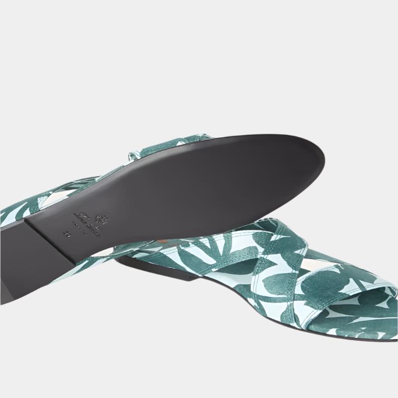 Loro Piana Yuki Flat Mule Slip-On Pair Wraps Spirulina Green/Tranquil Tide under view
