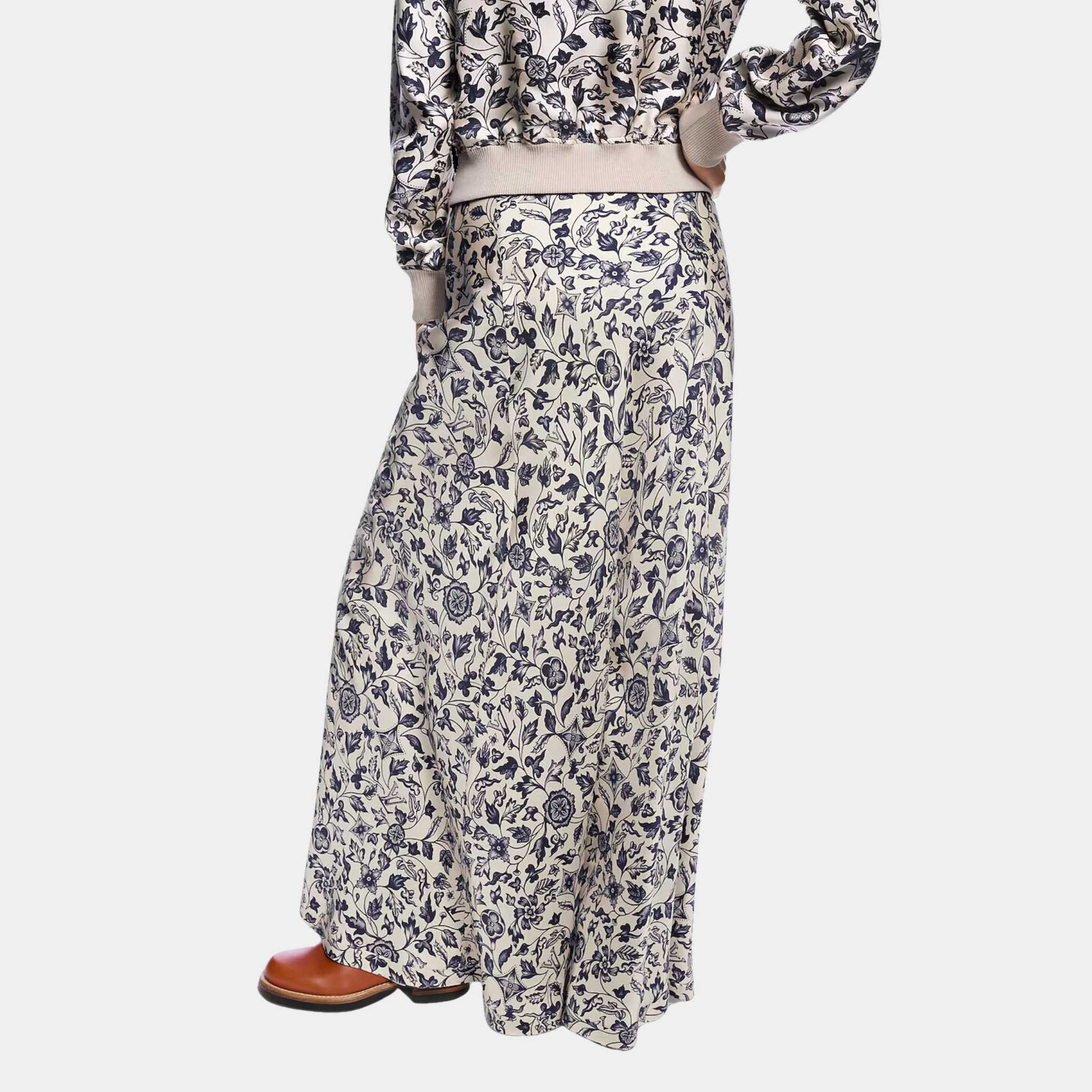 Louis Vuitton Botanical Print Flared Maxi Skirt Cream, Back, Model