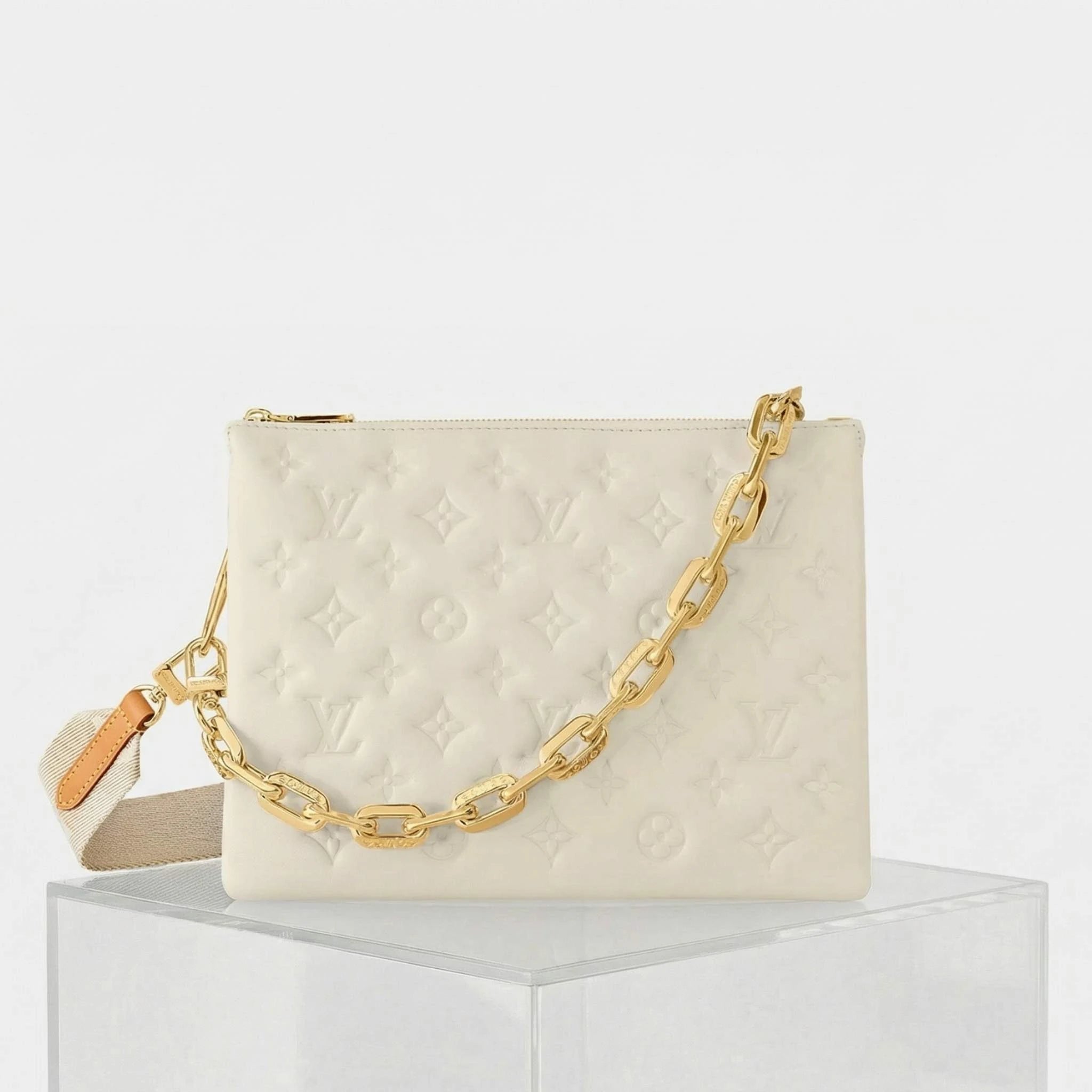 Louis Vuitton Coussin PM Handbag Monogram-embossed Puffy Lambskin, Creme, Front