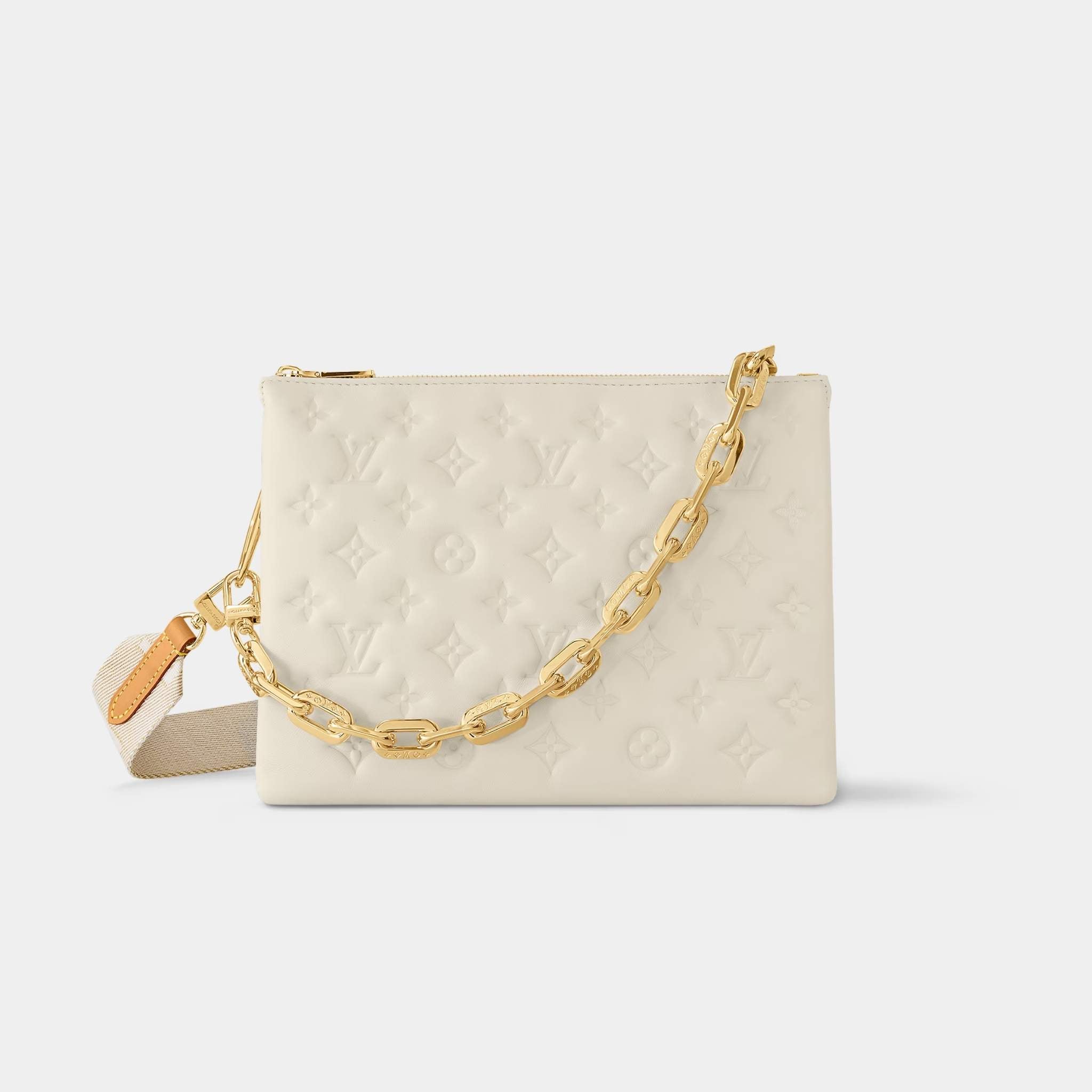 Louis Vuitton Coussin PM Handbag Monogram-embossed Puffy Lambskin, Creme, Front