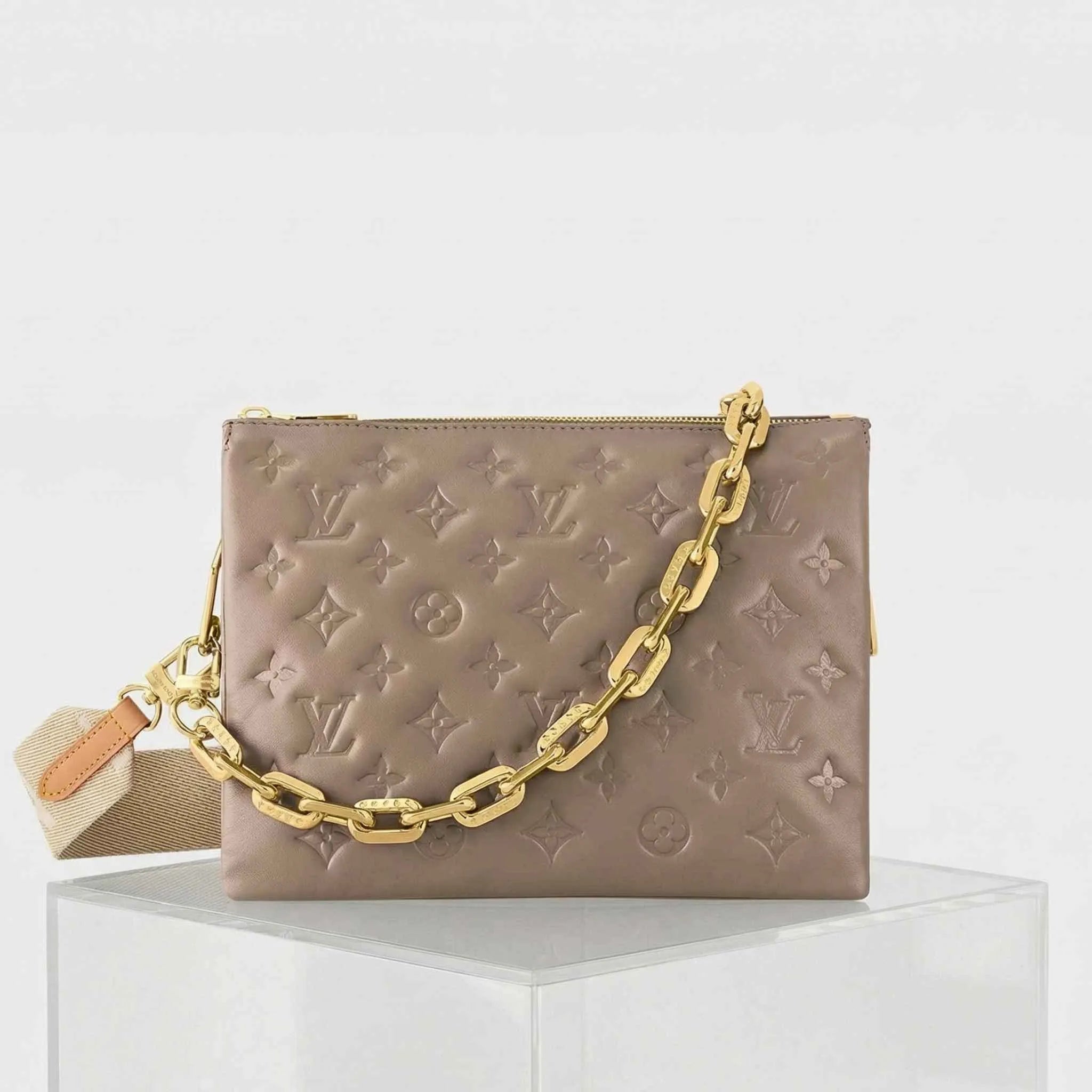 Louis Vuitton Coussin PM Handbag Monogram-embossed Puffy Lambskin, Taupe, Front
