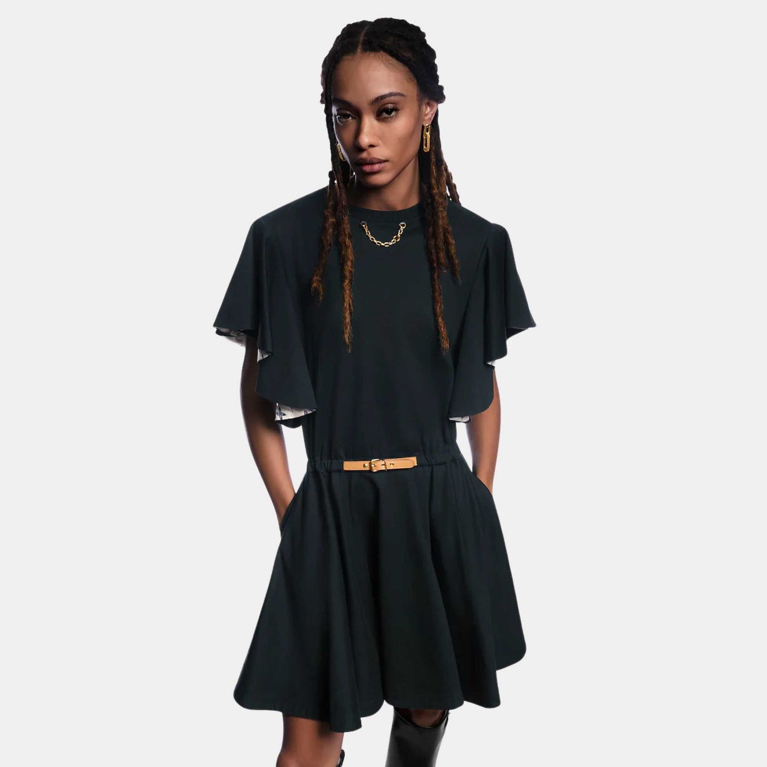 Louis Vuitton Flounce Sleeve Belted Black Dress, Model