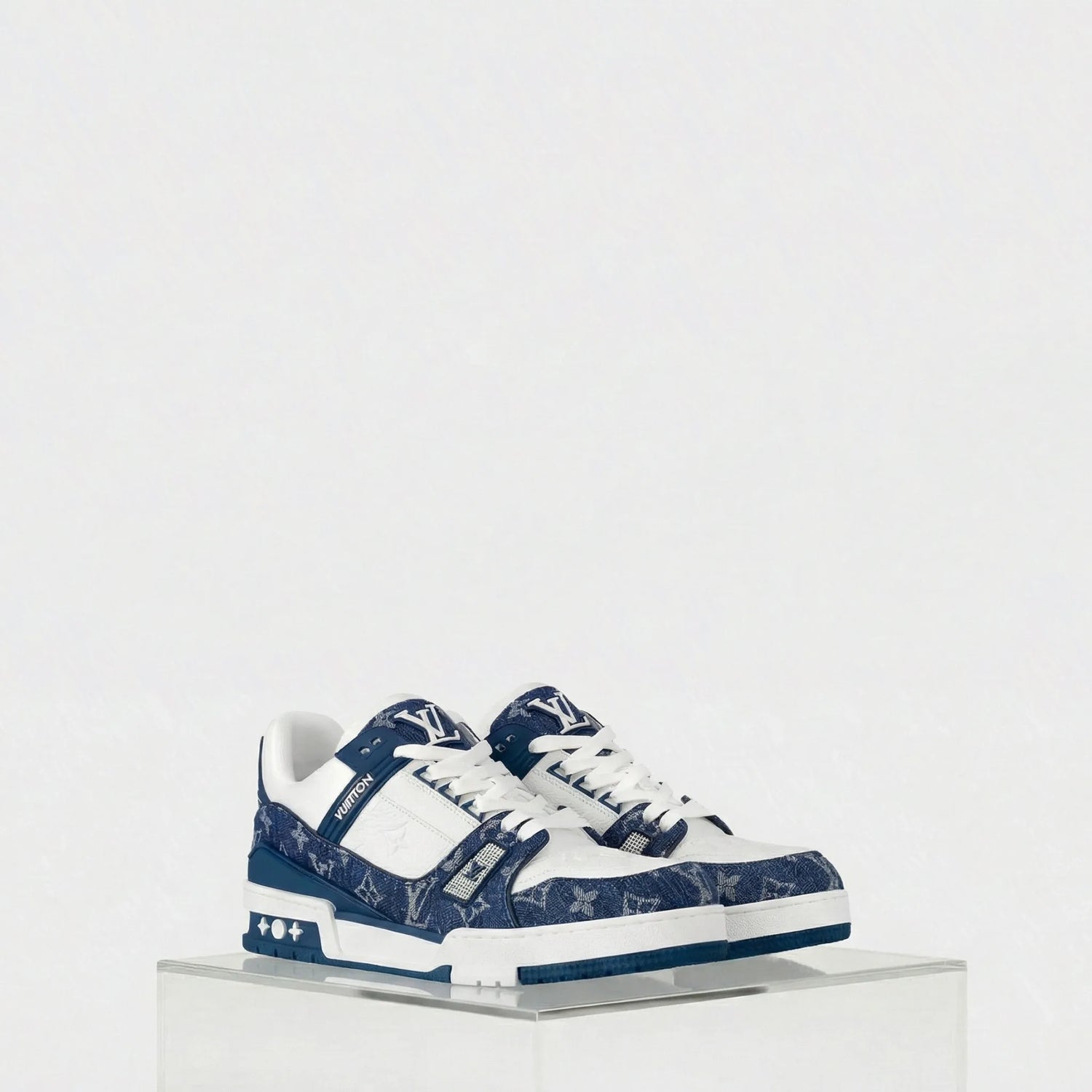 Louis Vuitton LV Trainers Monogram Denim and Monogram Calf Leather, Blue, Front