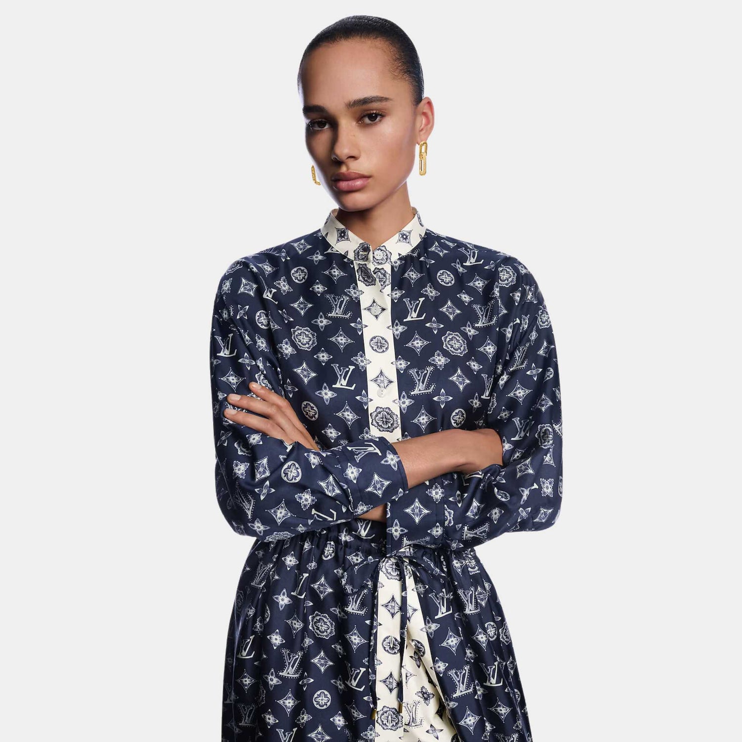 Louis Vuitton Monogram Silk Dress Navy, Model, Front