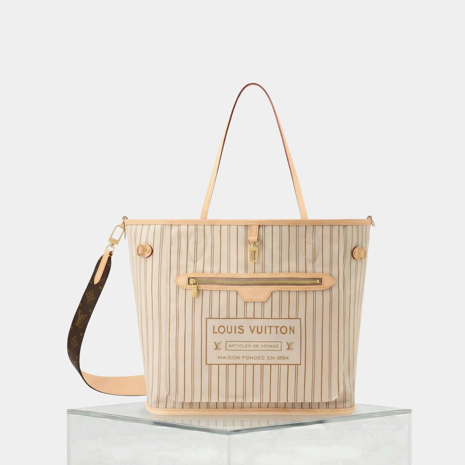 Louis Vuitton Neverfull Bandoulière Monogram Inside Out MM Handbag, Sand, Front