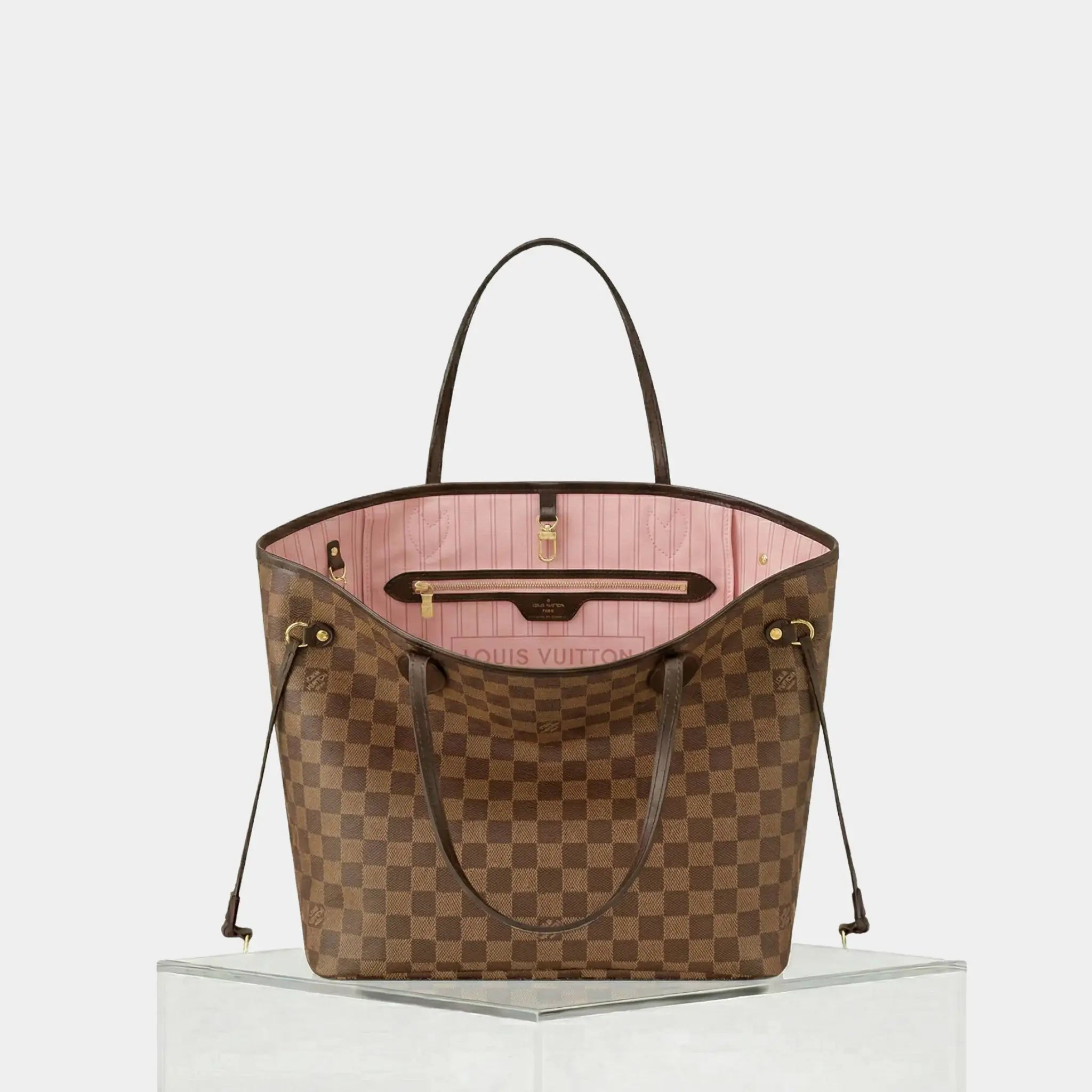Louis Vuitton Neverfull MM Tote In Damier Ebene, Rose Ballerine, Front