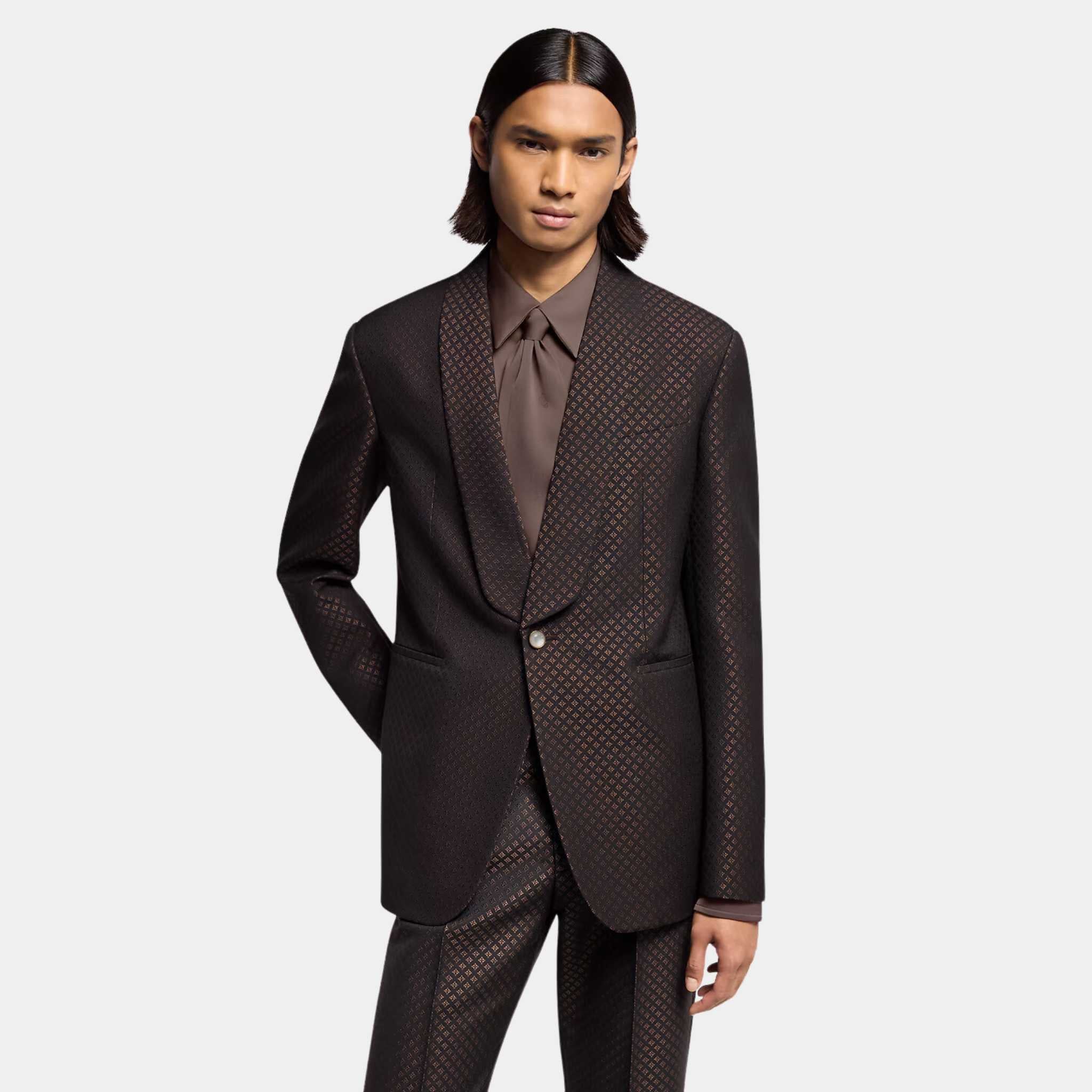 Louis vuitton Wool-Silk Blend Monogram Single-Breasted Tuxedo Jacket Mid-Brown, Model, Front