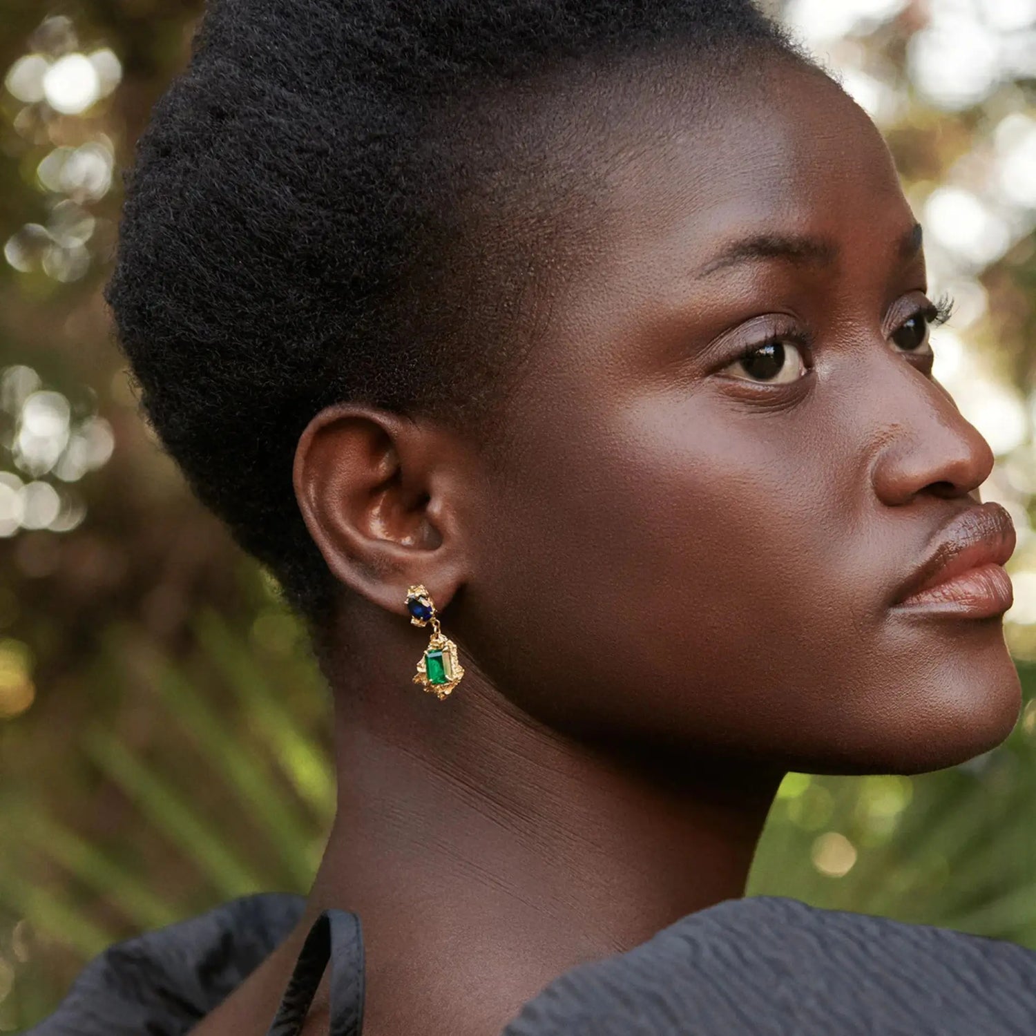 Loveness Lee Rina Sapphire Emerald Earrings, Model