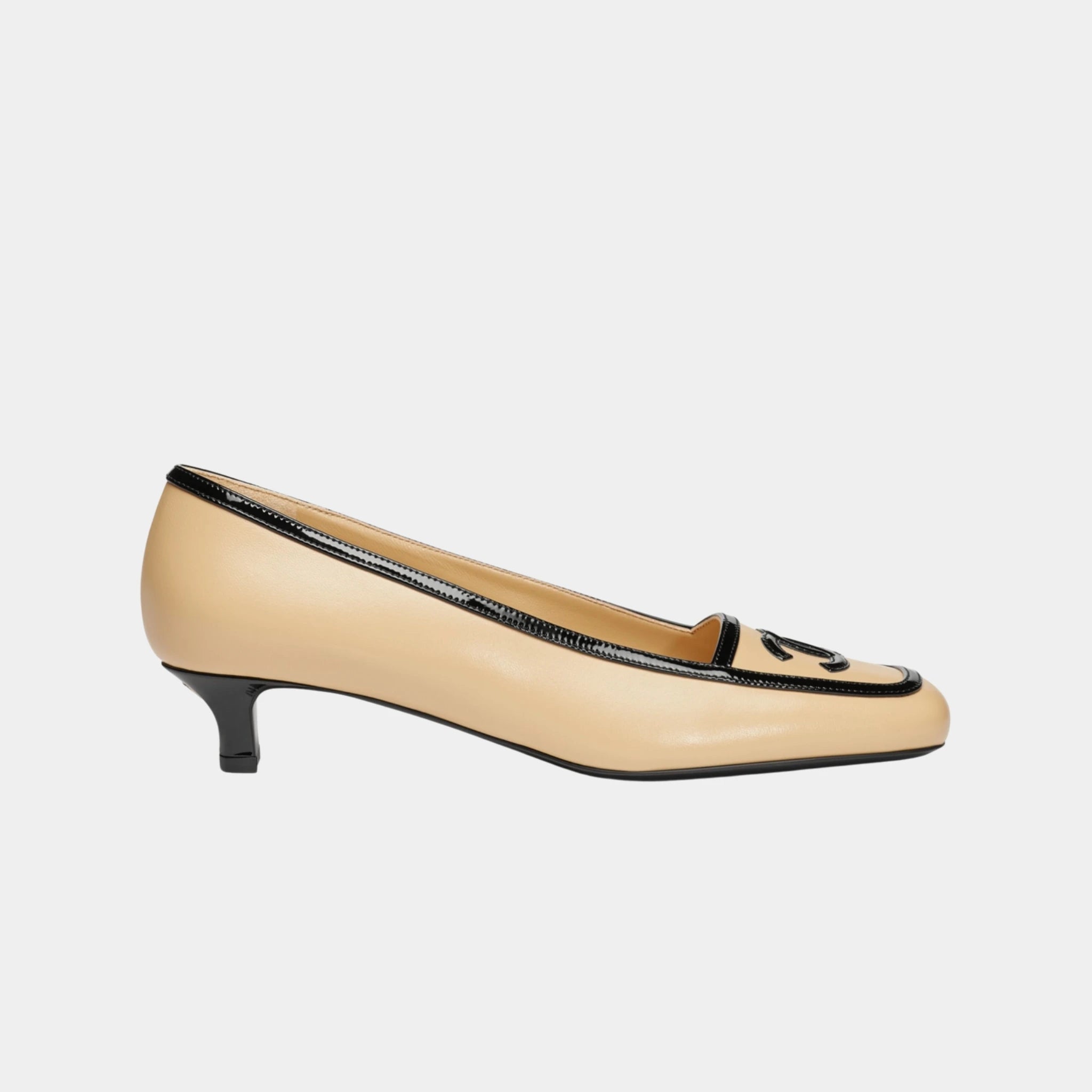Chanel Low Heeled Pumps in Lambskin &amp; Patent Calfskin, Beige Black, Side