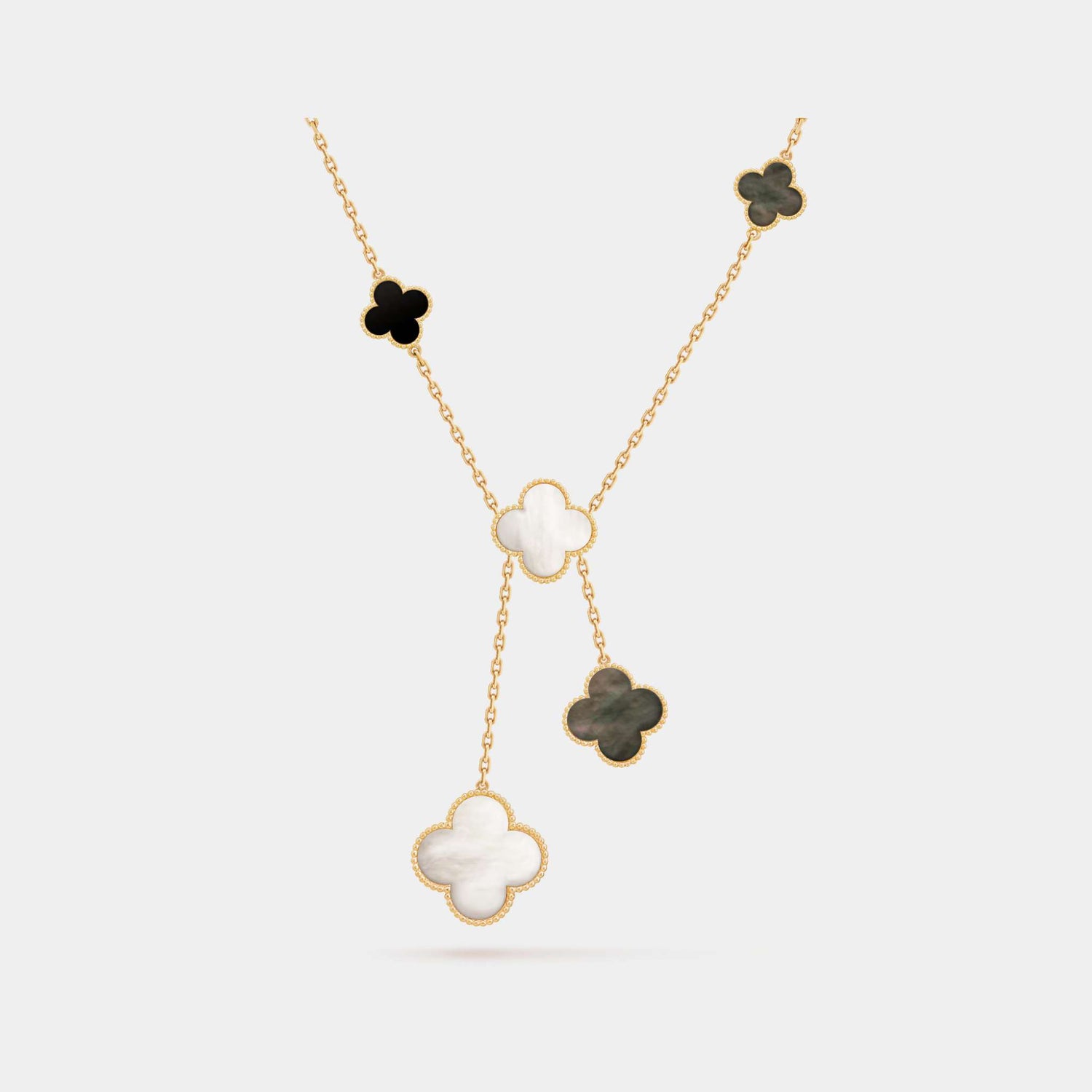 Magic Alhambra Necklace 6 Motifs Yellow Gold Mother Of Pearl Onyx, Front