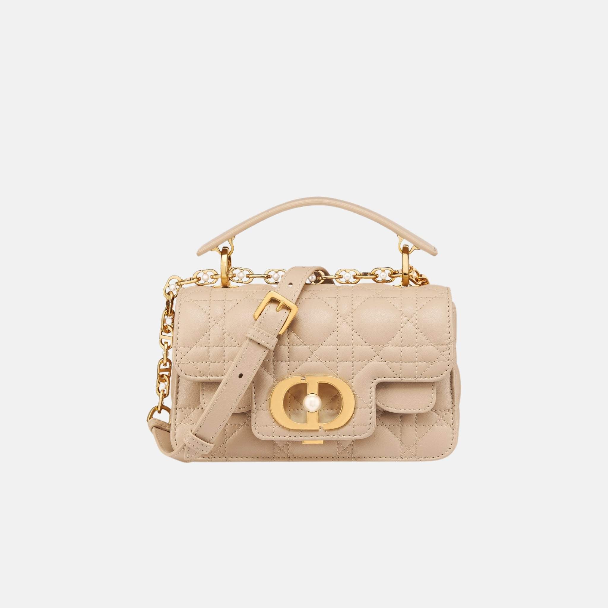 Mini Dior Jolie Top Handle Bag In Cannage Calfskin, Beige, Front