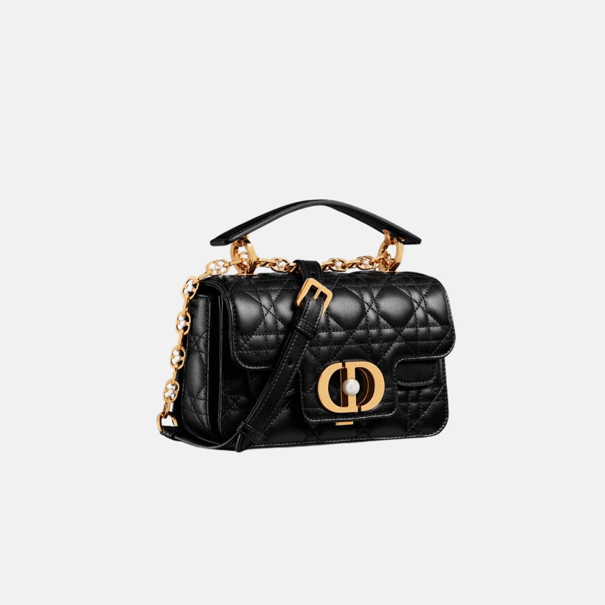 Mini Dior Jolie Top Handle Bag In Cannage Calfskin, Black, Side