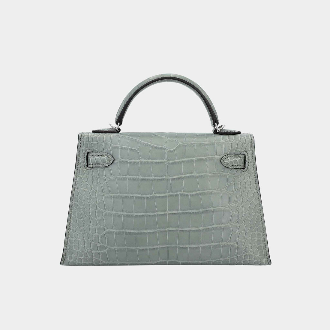 Hermes Mini Kelly II تمساح مطفي رمادي إسمنتي PHW، من الخلف