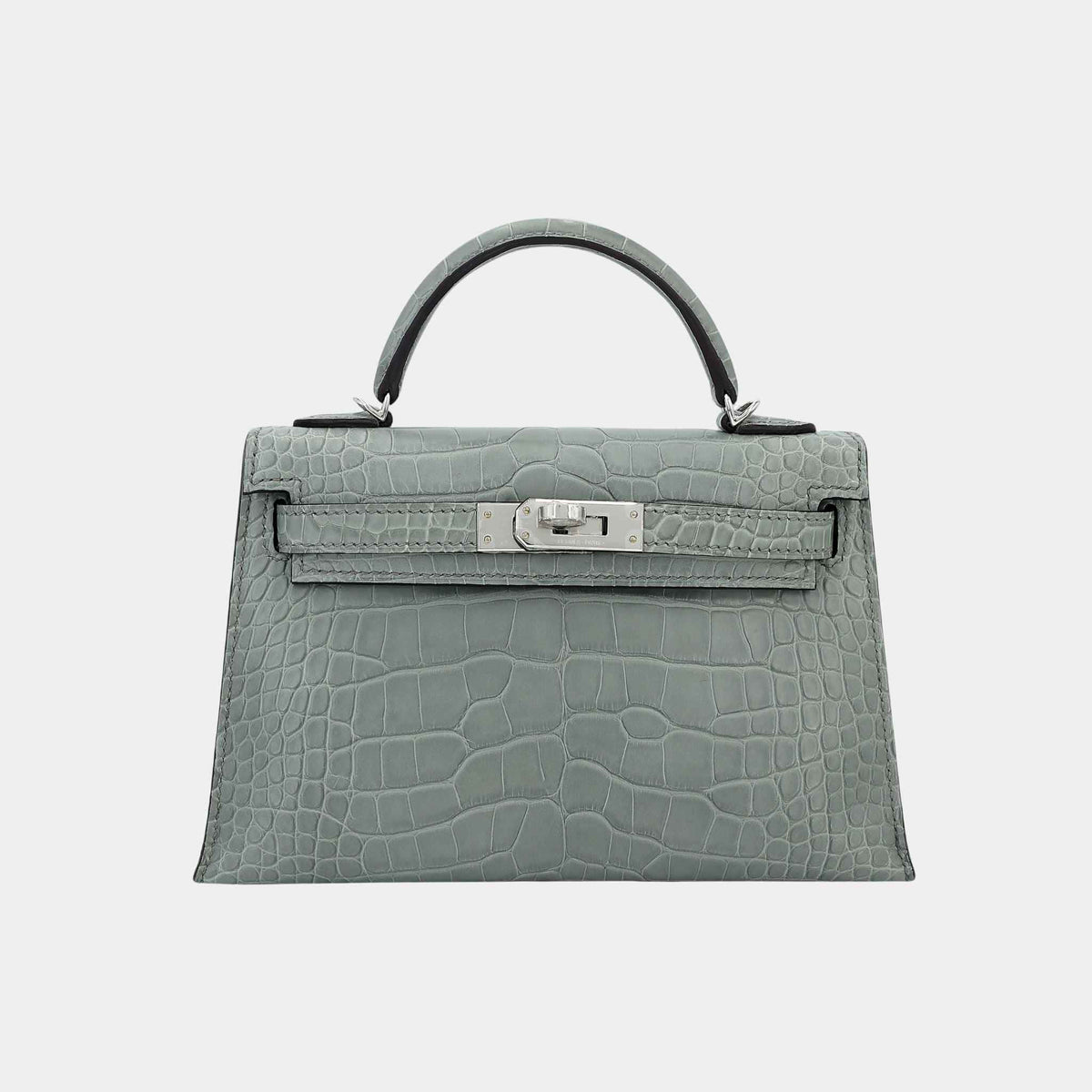حقيبة Mini Kelly II من تمساح مات Alligator بلون Gris Ciment مع حليات بلاديوم