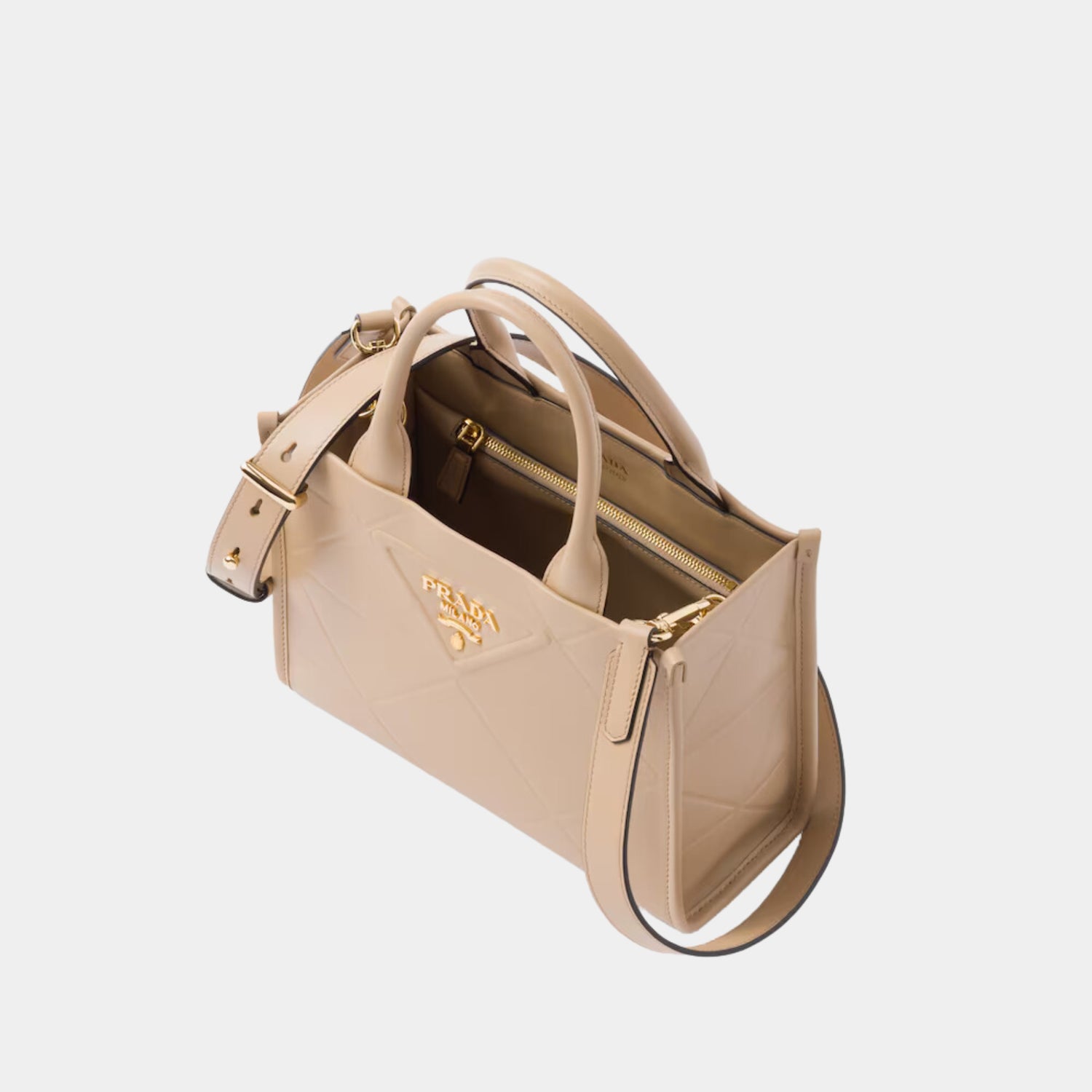 Mini Prada Symbole leather bag with stitching, Sand Beige, Top