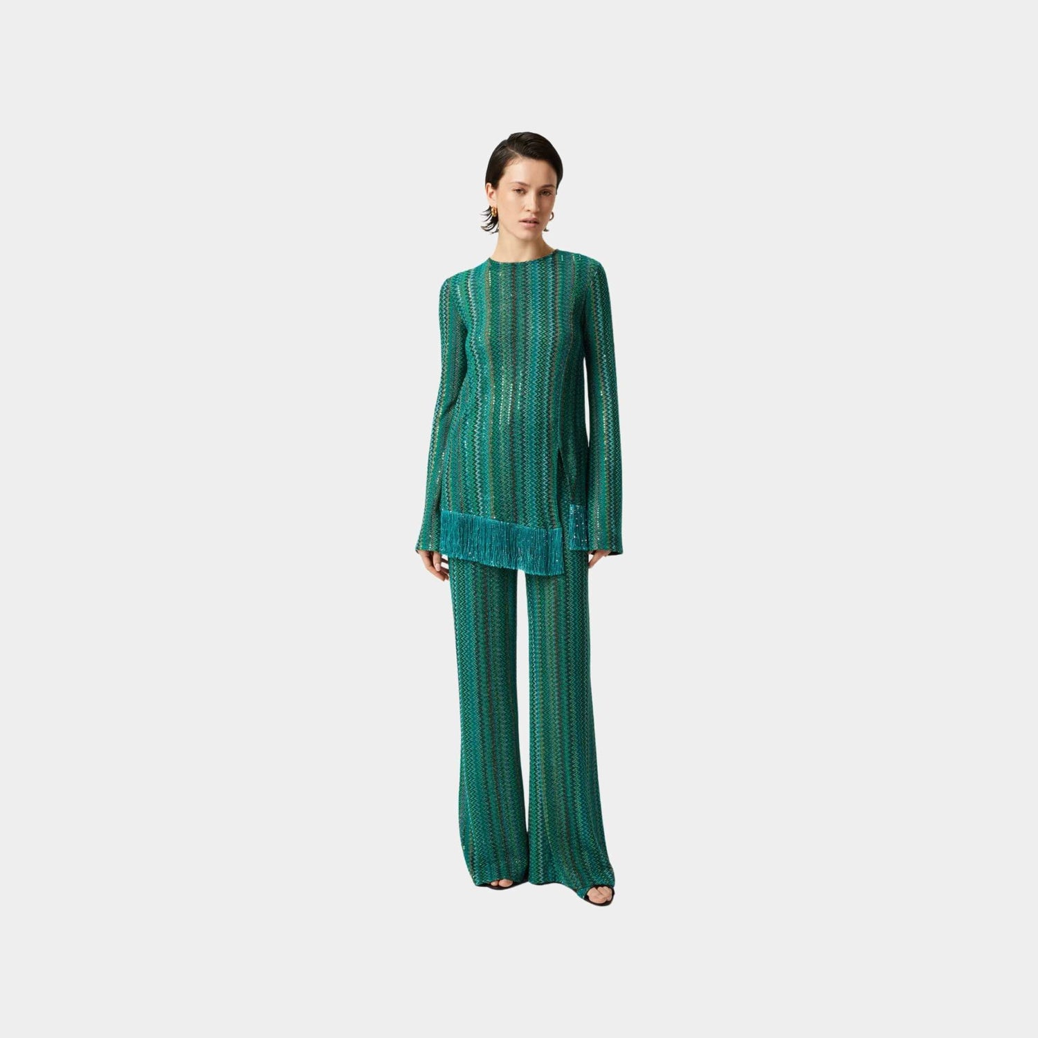 Missoni Flare Trousers In Zigzag Viscose Blend With Sequins, Green, Model