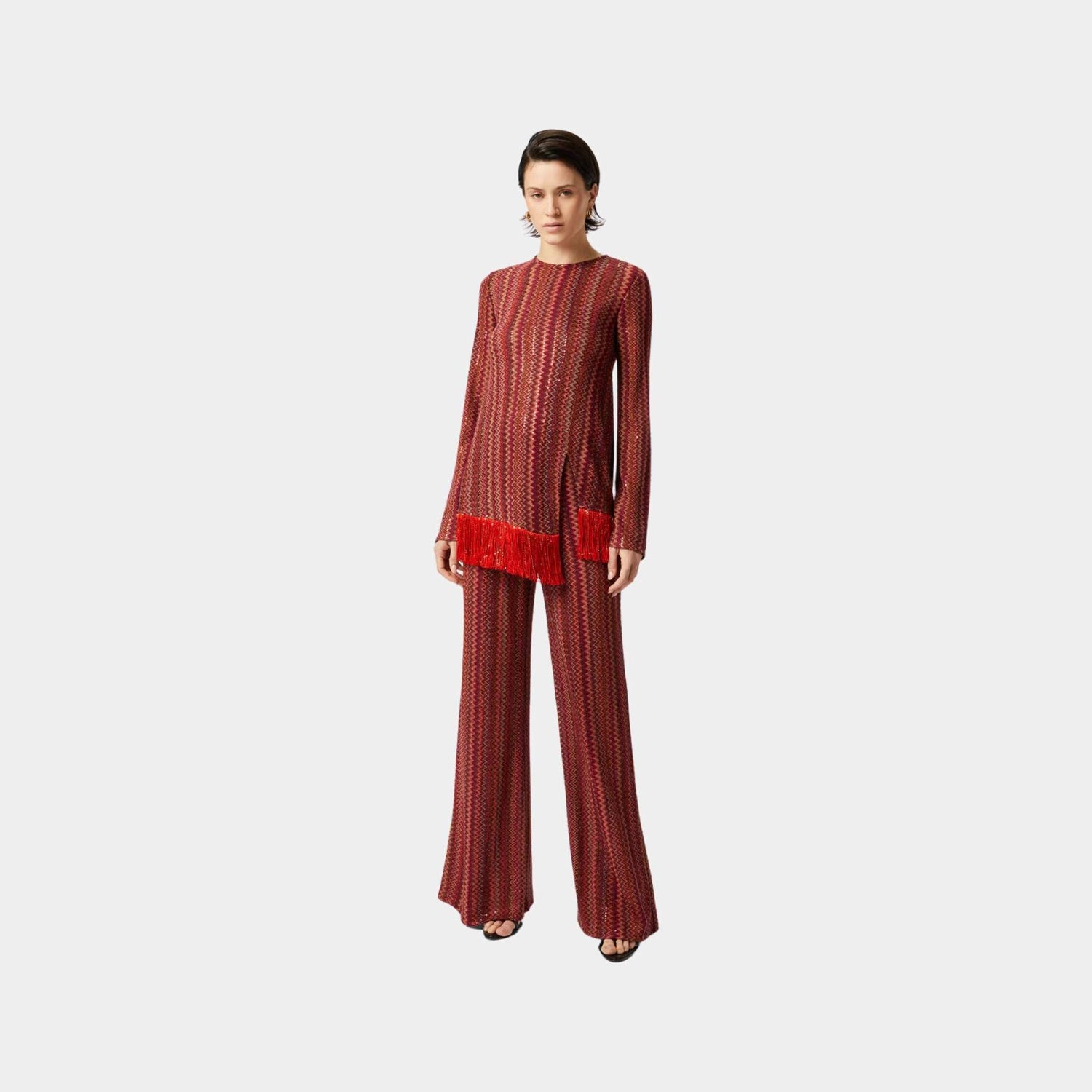 Missoni Flare Trousers In Zigzag Viscose Blend With Sequins, Red, Model