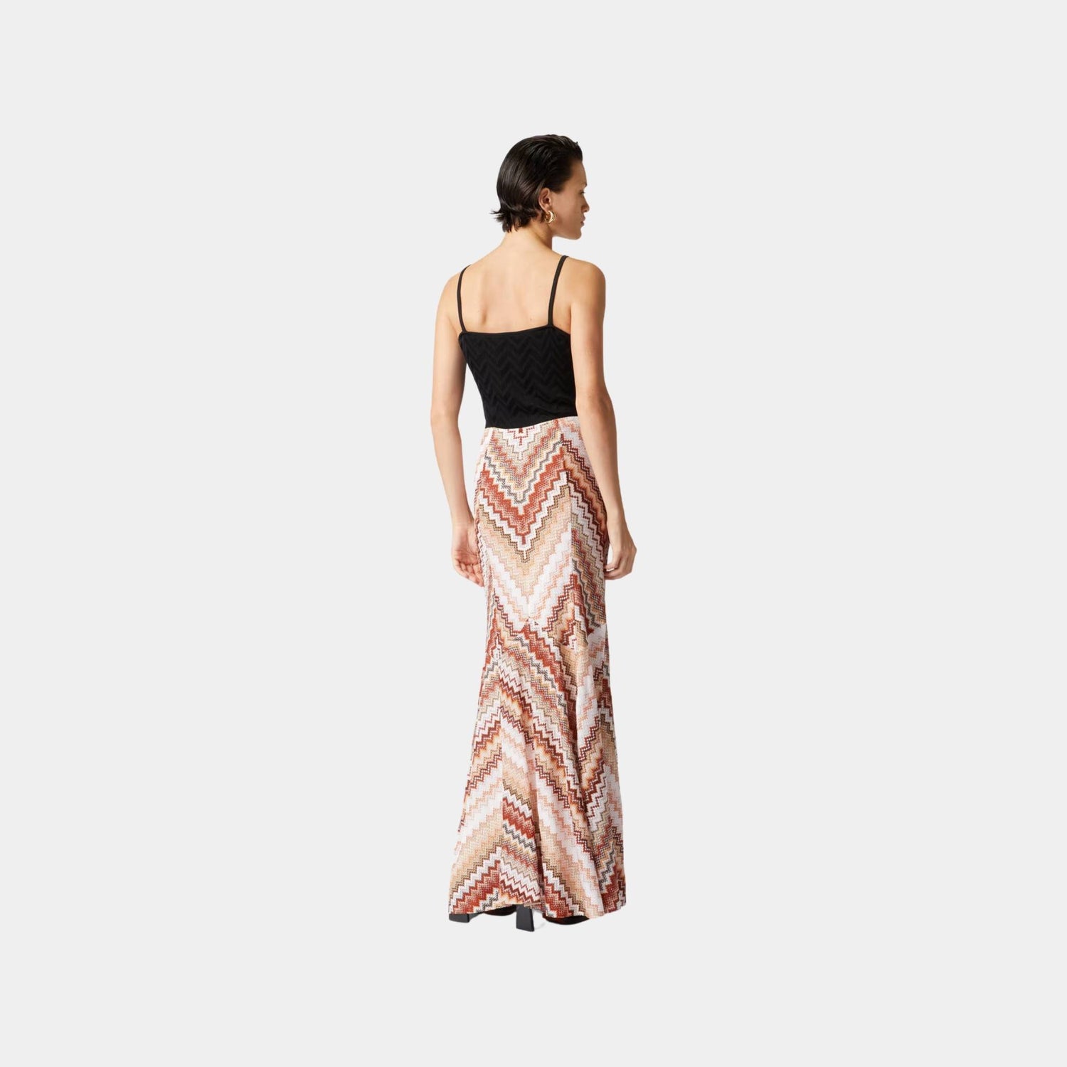 Missoni Long Flared Skirt With Lame Serrated Zigzag Pattern, Beige, Back