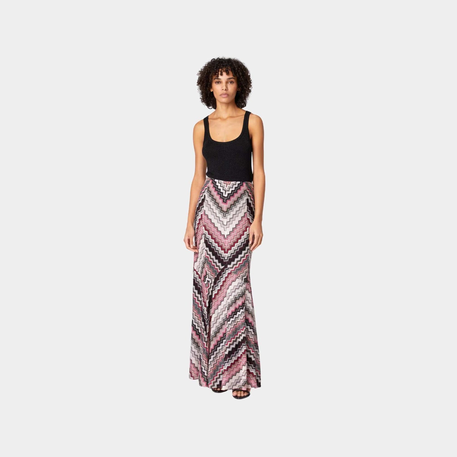 Missoni Long Flared Skirt With Lame Serrated Zigzag Pattern, Pink, Model