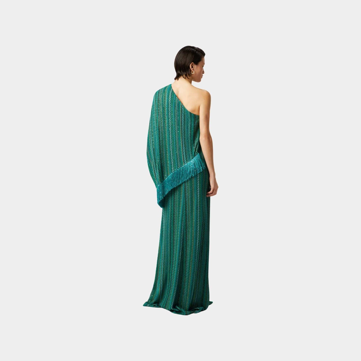 Missoni Long One Shoulder Zigzag Dress With Sequins And Fringes, Green, Back