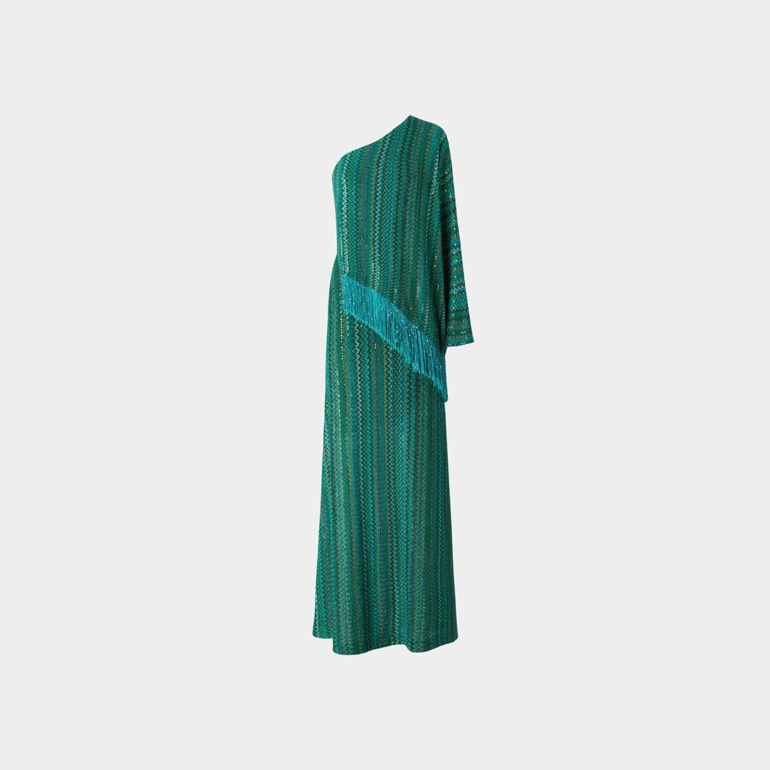 Missoni Long One Shoulder Zigzag Dress With Sequins And Fringes, Green, Front