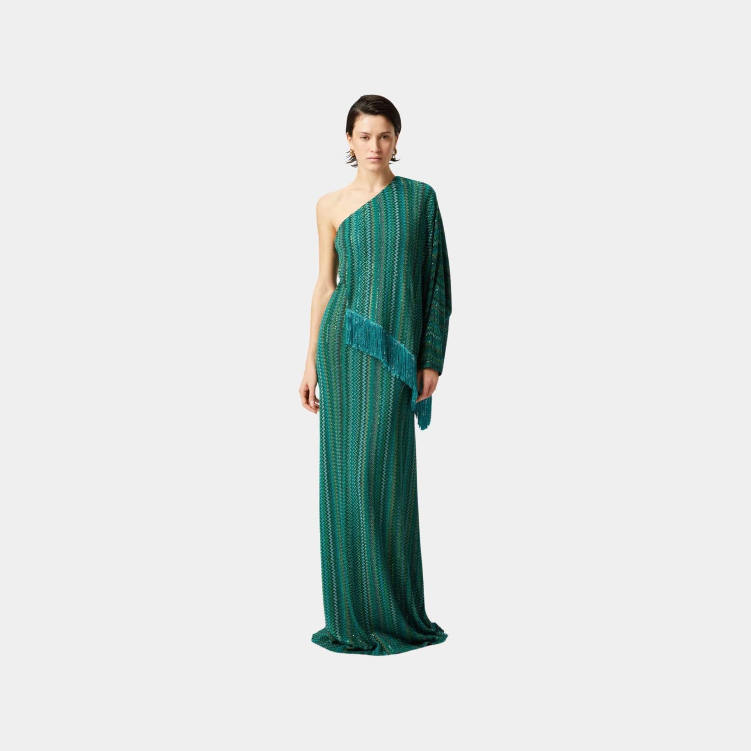 Missoni Long One Shoulder Zigzag Dress With Sequins And Fringes, Green, Model