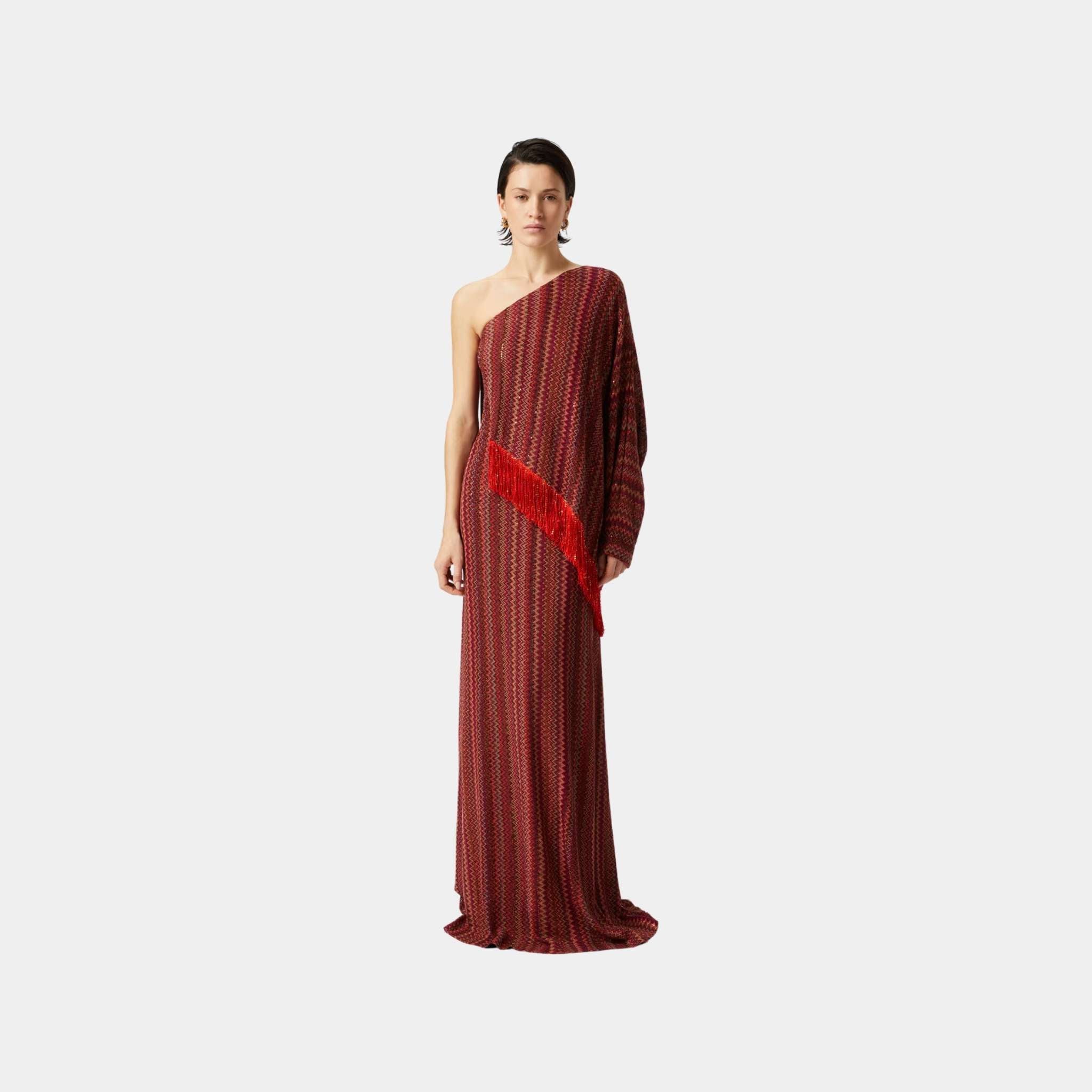 Missoni Long One Shoulder Zigzag Dress With Sequins And Fringes, Red, Model