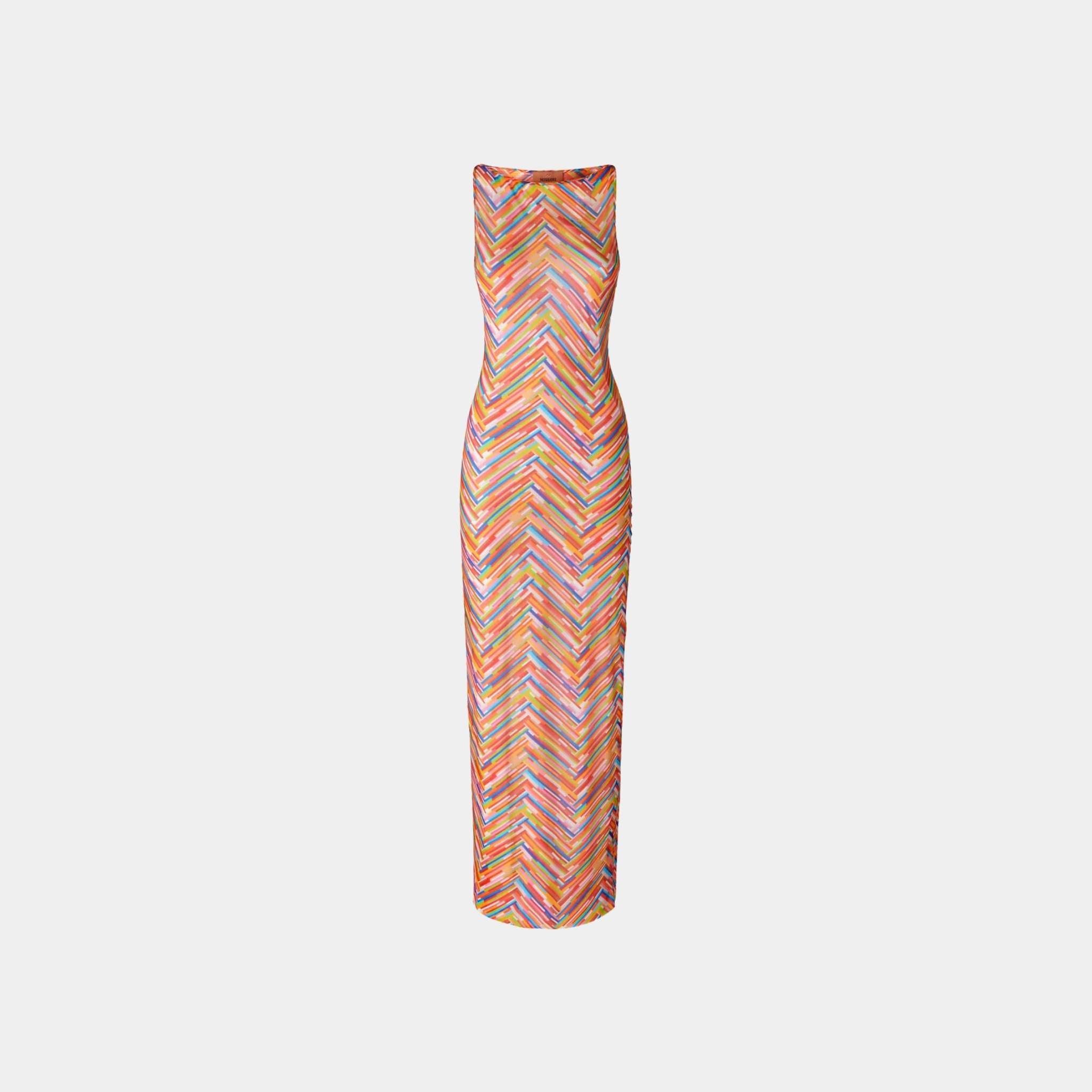 Missoni Long Sleeveless Dress In Printed Tulle, Multicolor, Front