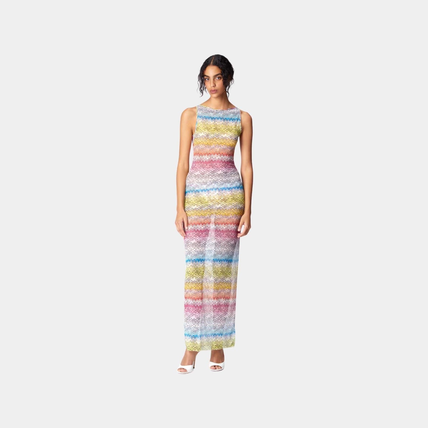 Missoni Long Sleeveless Dress In Printed Tulle, White, Model