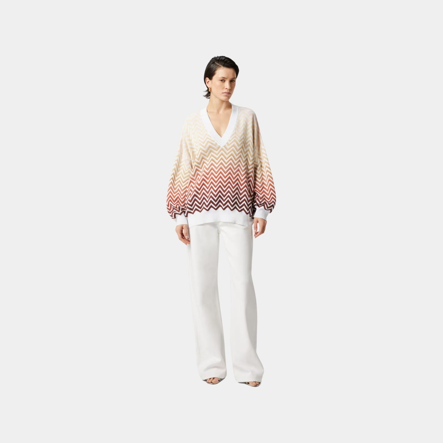 Missoni Oversized Degrade Chevron Sweater With V Neck, Beige, Model