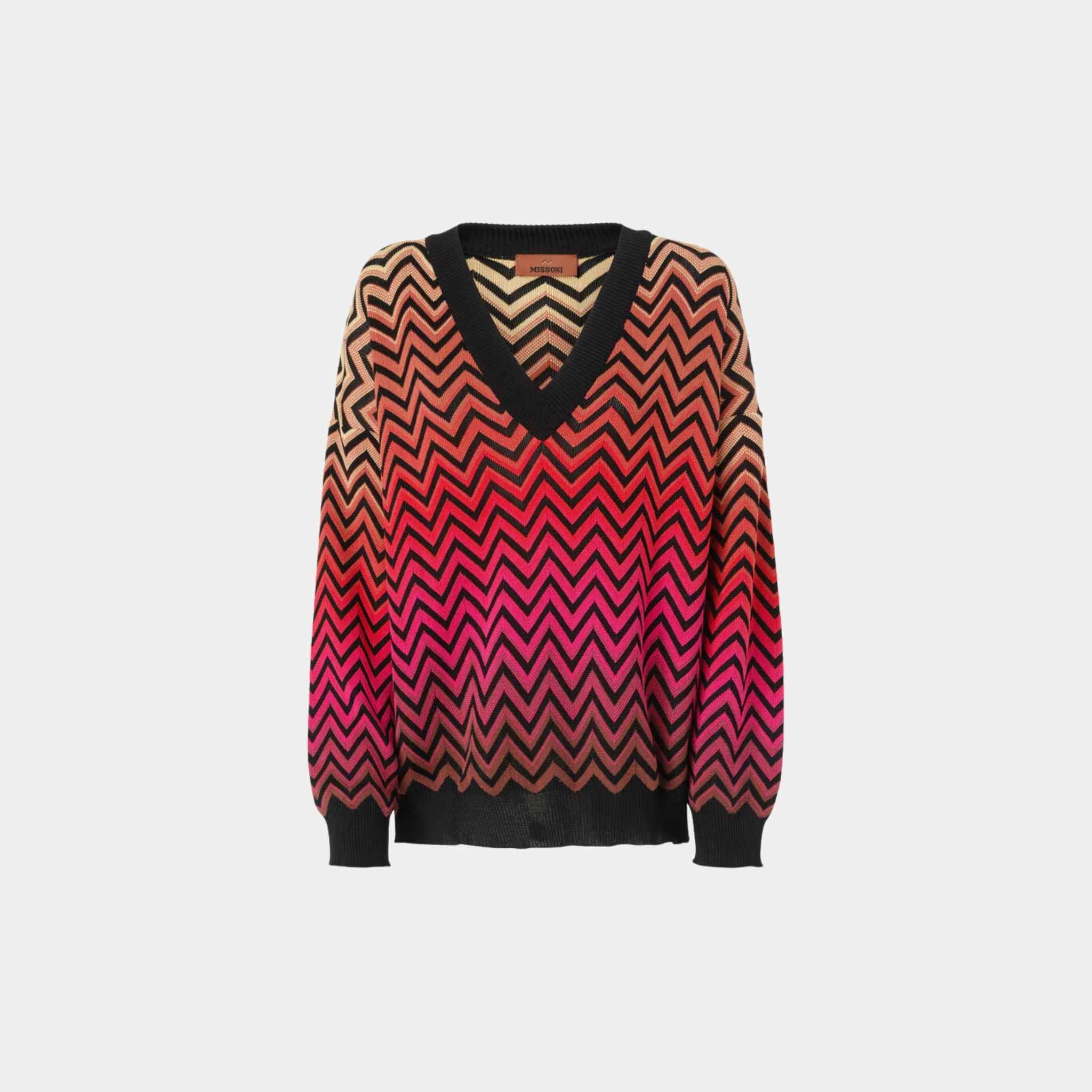 Missoni Oversized Degrade Chevron Sweater With V Neck, Red, Front