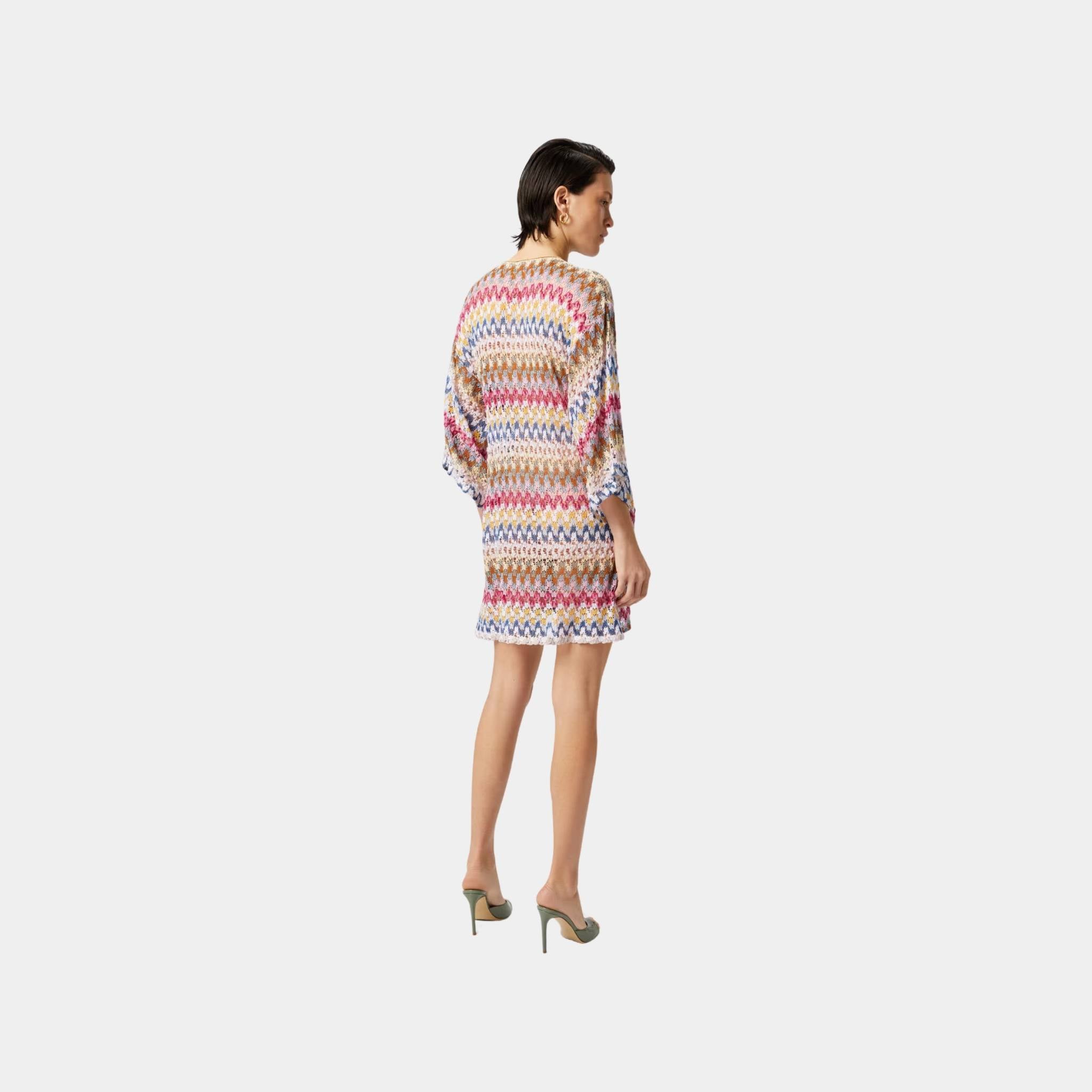 Missoni Short Cover Up Caftan In Lame Viscose Lace, Beige, Back