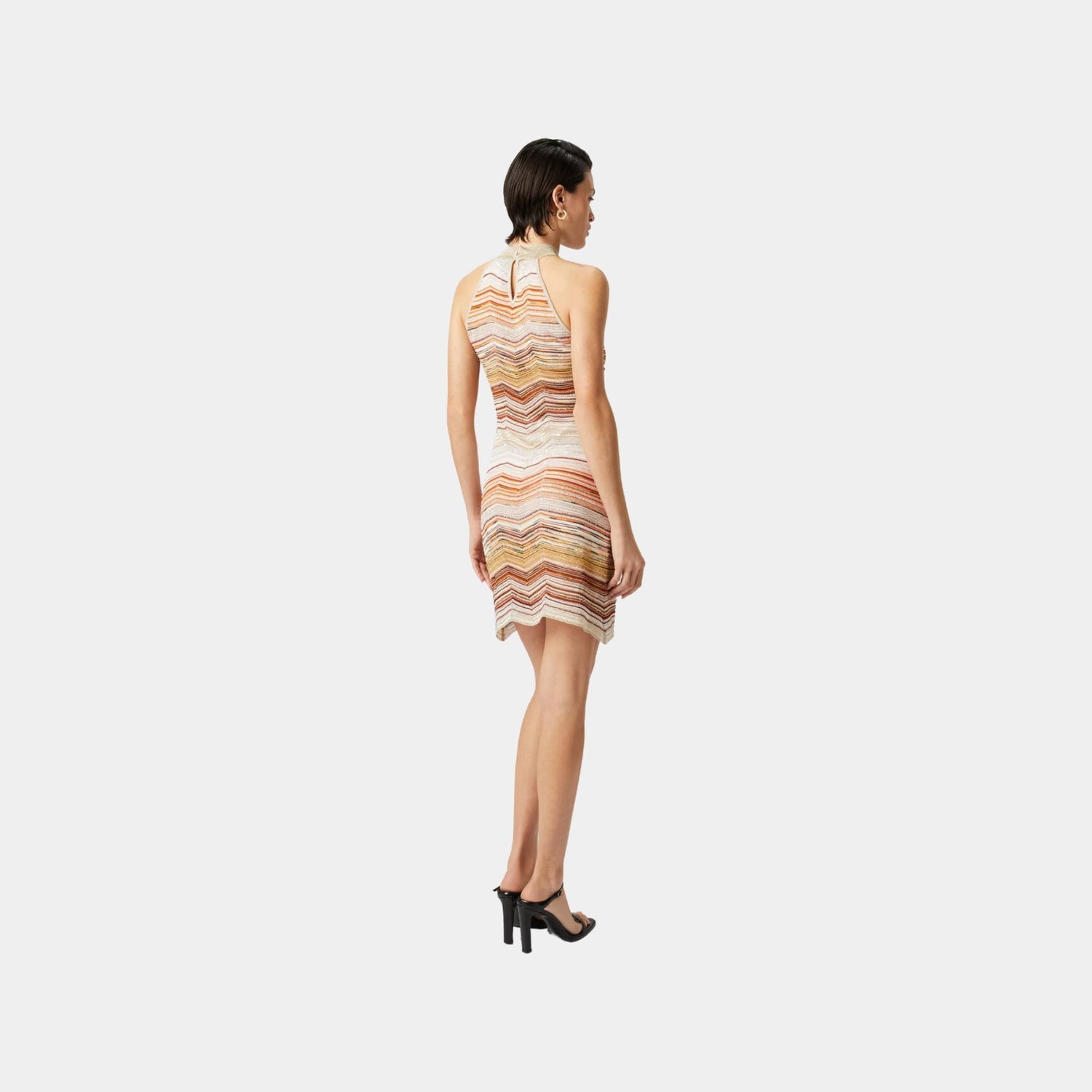 Missoni Short Sleeveless Chevron Lame Dress With Halter Neckline, Beige, Back