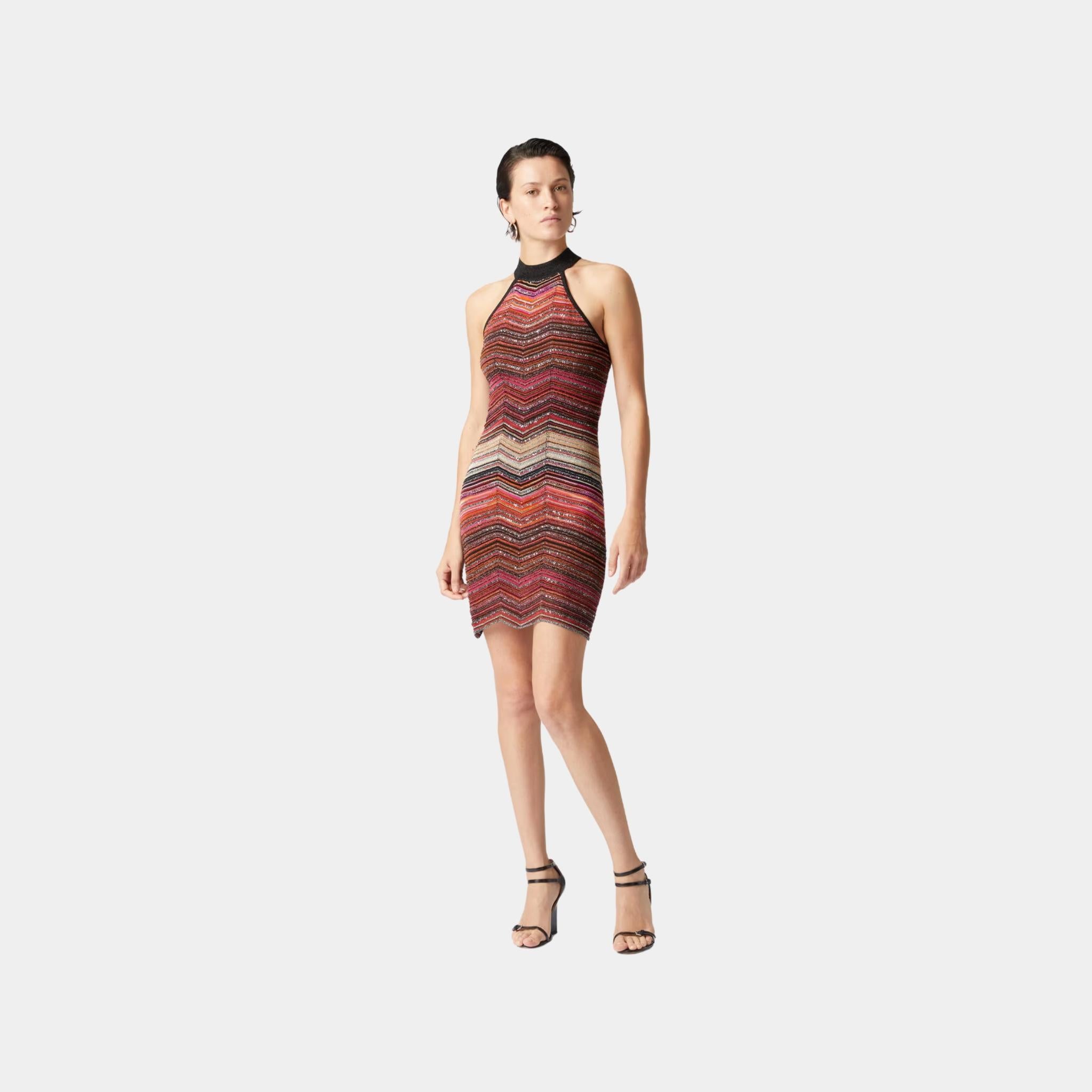 Missoni Short Sleeveless Chevron Lame Dress With Halter Neckline, Red, Model