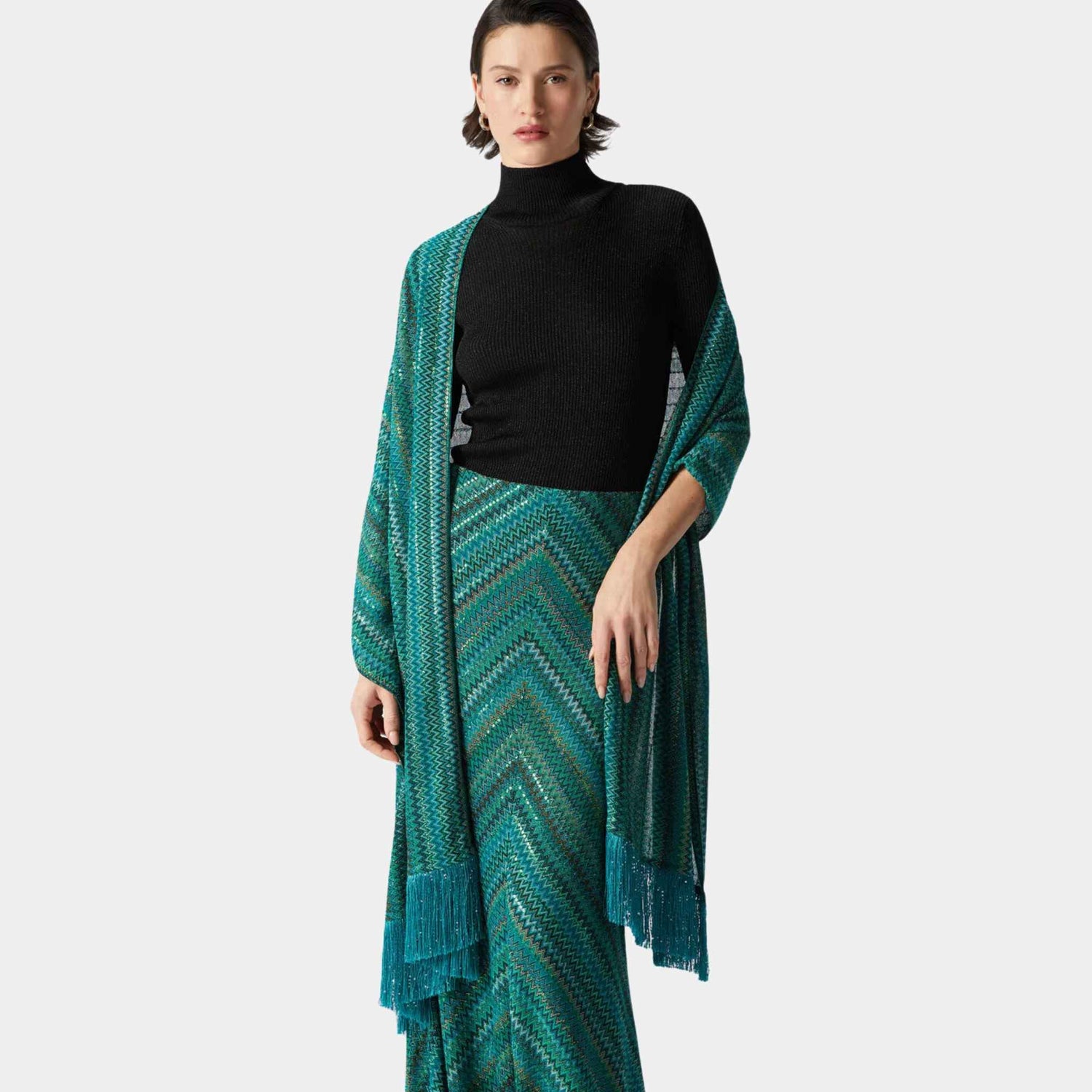 Missoni Viscose Stole In Zigzag Lame With Sequins And Fringes, Model, Full