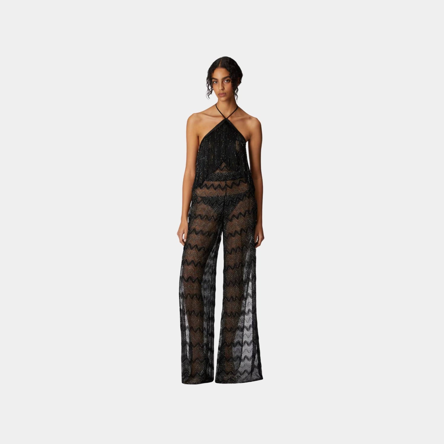 Missoni Zigzag Lame Viscose Jumpsuit With Fringes, Black, Lame, Model