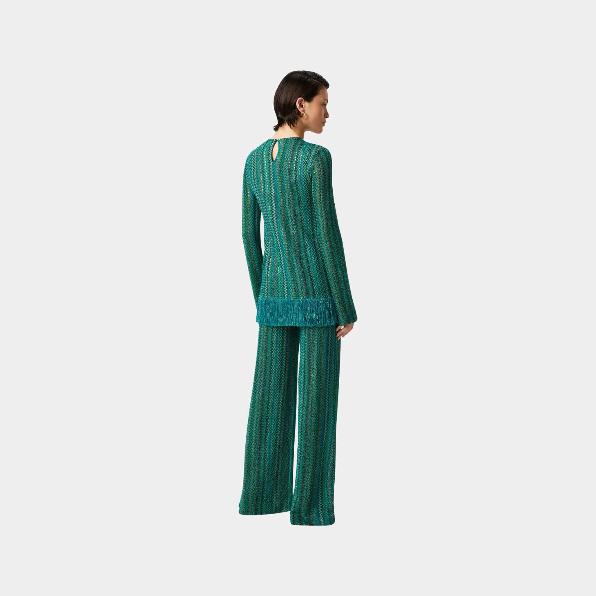 Missoni Zigzag Sweater With Sequins And Asymmetrical Hem With Fringes, Green, Back