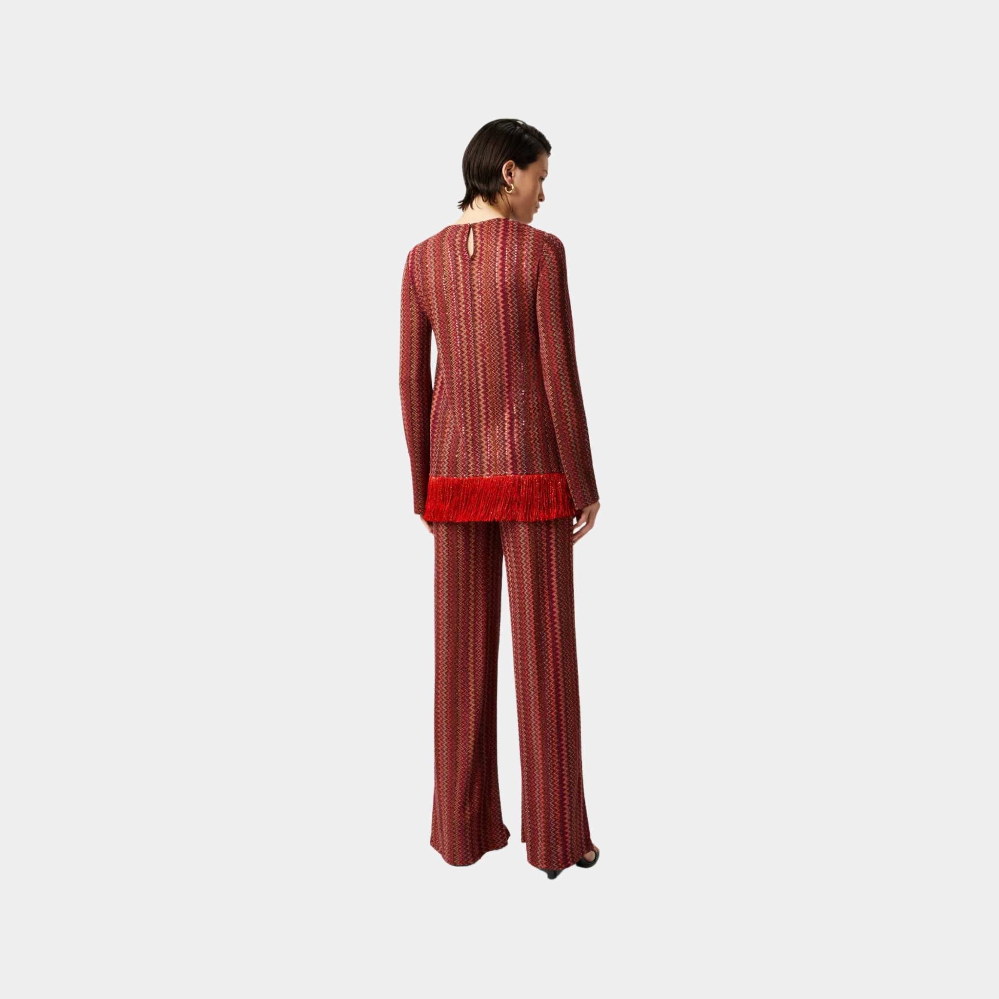 Missoni Zigzag Sweater With Sequins And Asymmetrical Hem With Fringes, Red, Back