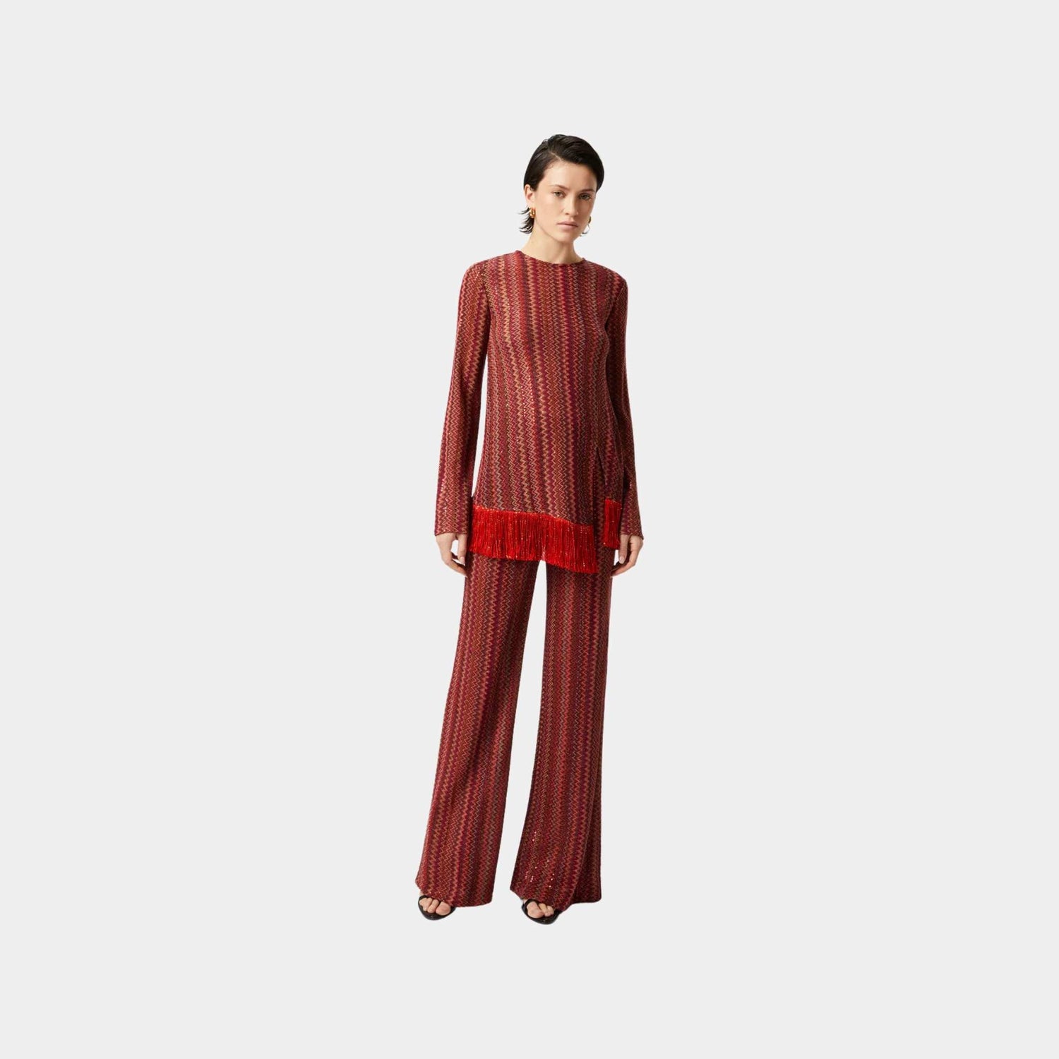 Missoni Zigzag Sweater With Sequins And Asymmetrical Hem With Fringes, Red, Model